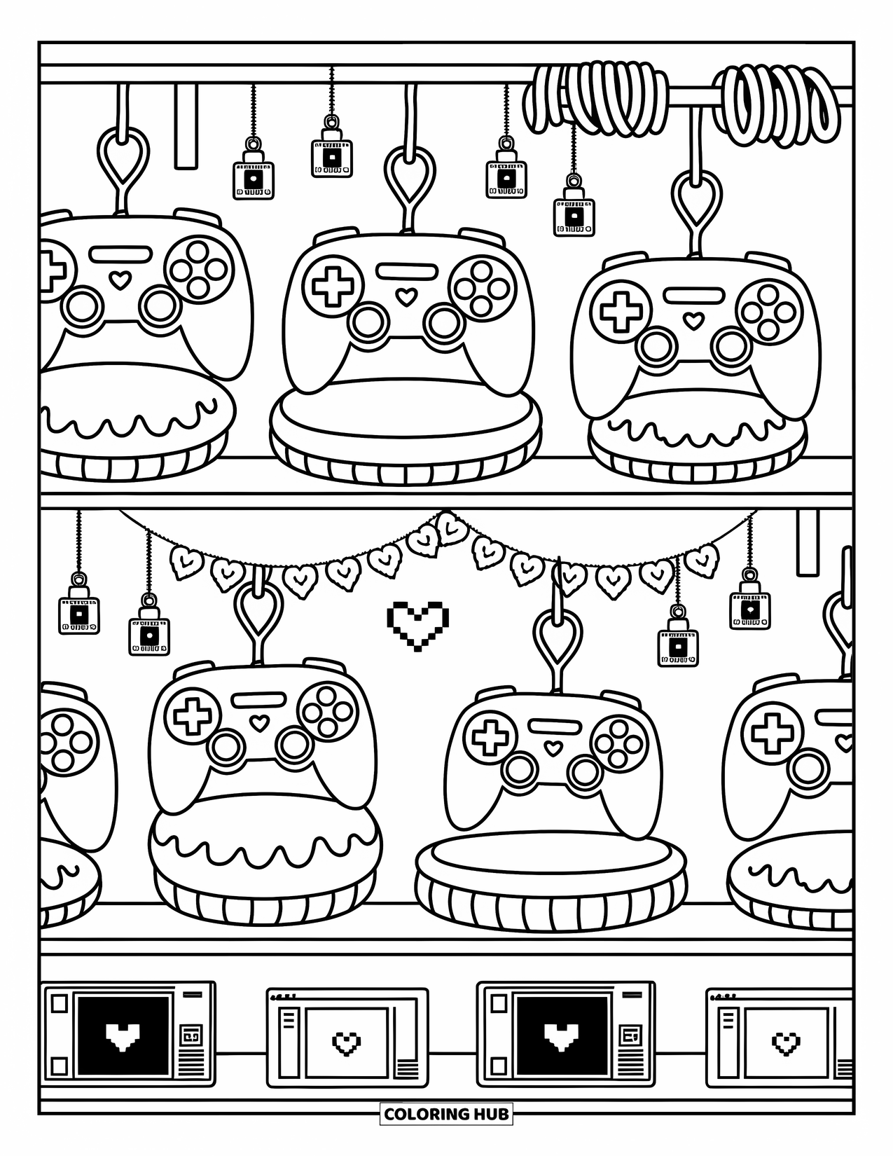 Video Game Controller Coloring Page for Adults: Tiny game items and plush pads decorate a shelf of stylized controllers