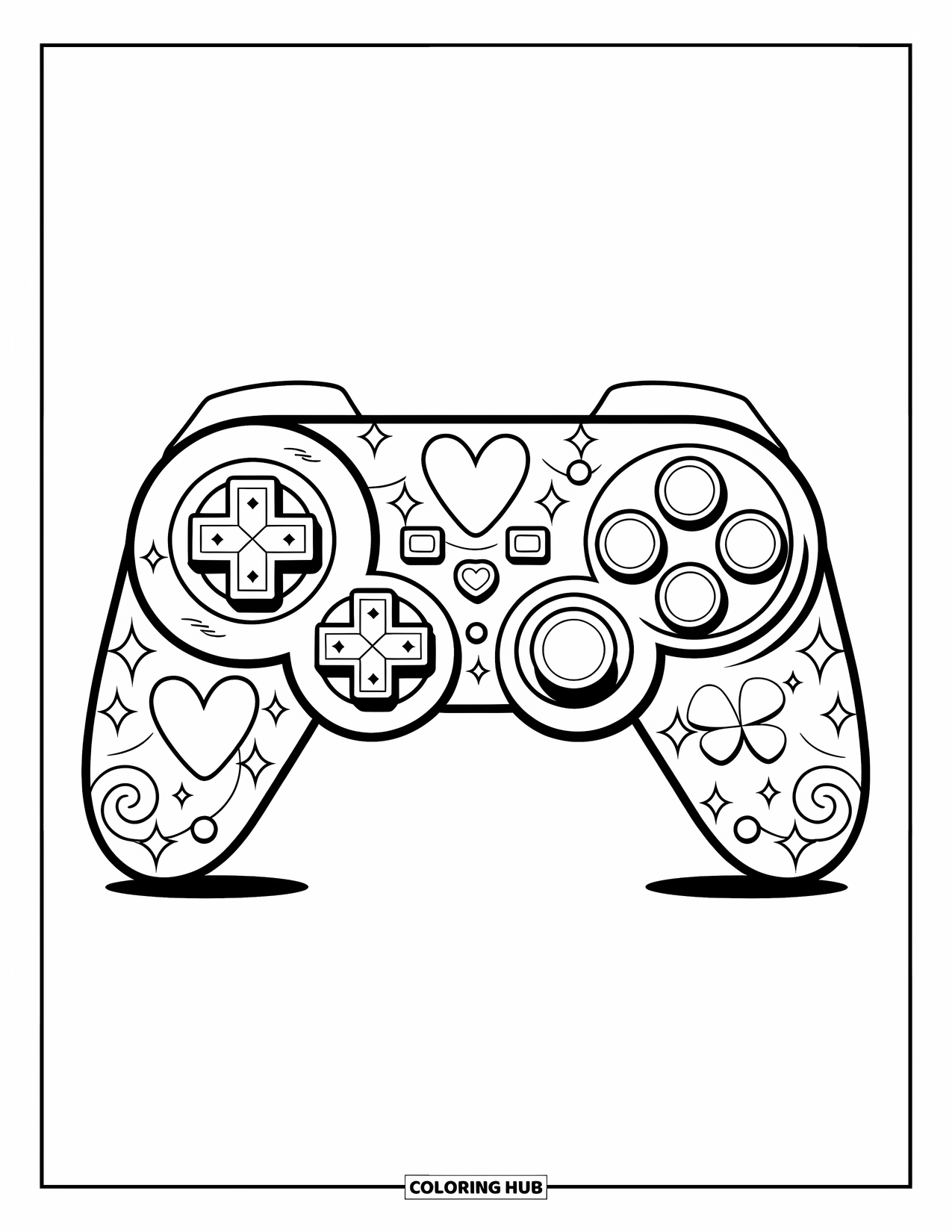 Video Game Controller Coloring Page for Kids: A bold controller with big star buttons and sparkly swirls around them