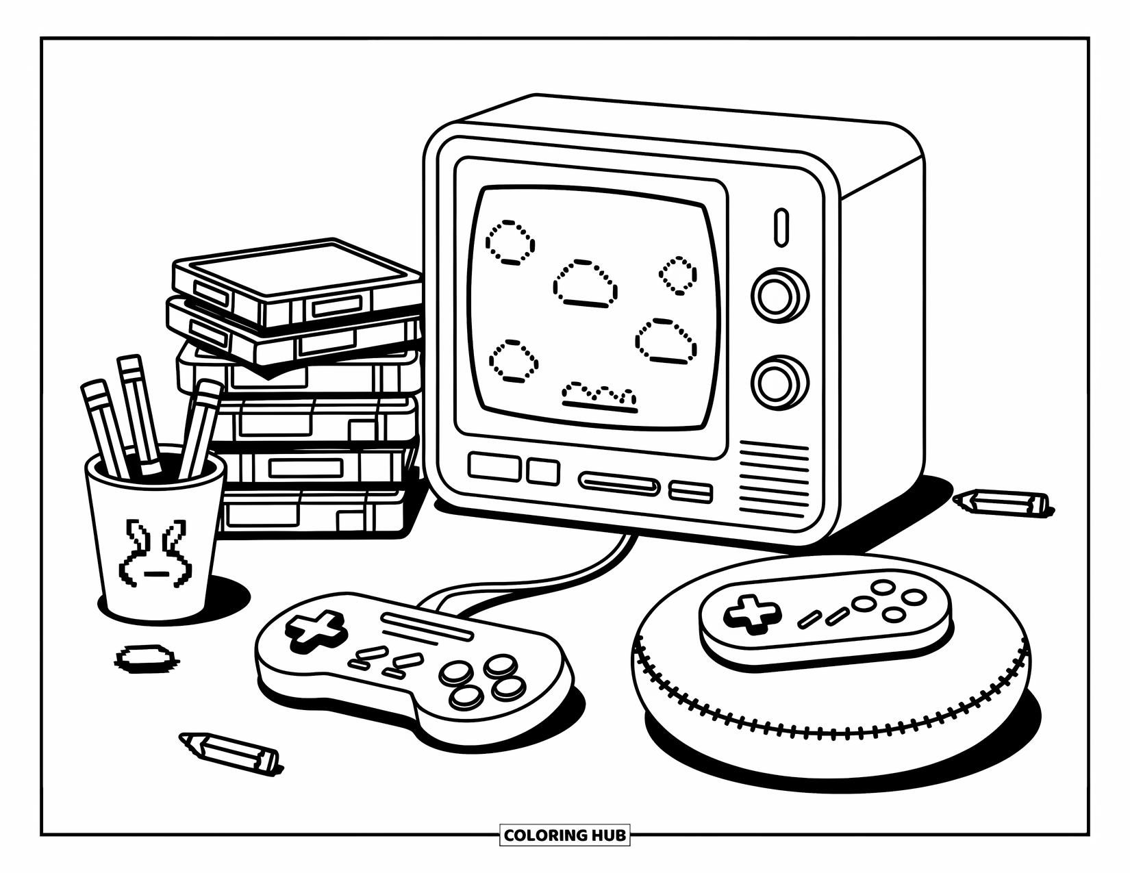 Video Game Controller Coloring Page for Kids: A classic controller plugs into a chunky TV with pixel stars and VHS games nearby