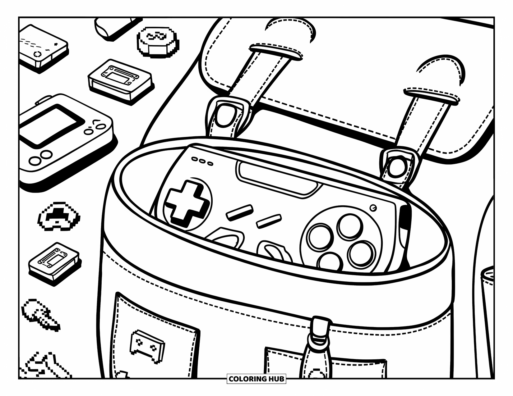 Video Game Controller Coloring Page for Kids: A controller peeks from a gamer's backpack surrounded by mushrooms, pins, and game accessories