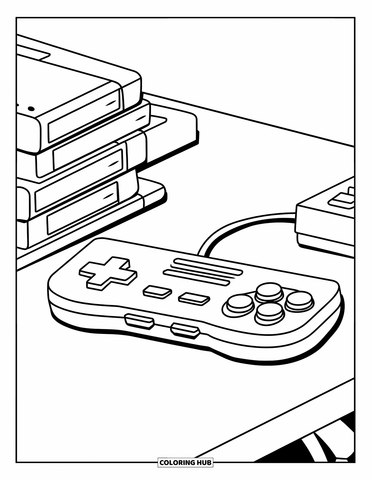 Video Game Controller Coloring Page for Kids: A controller rests on a desk beside stacked game cartridges