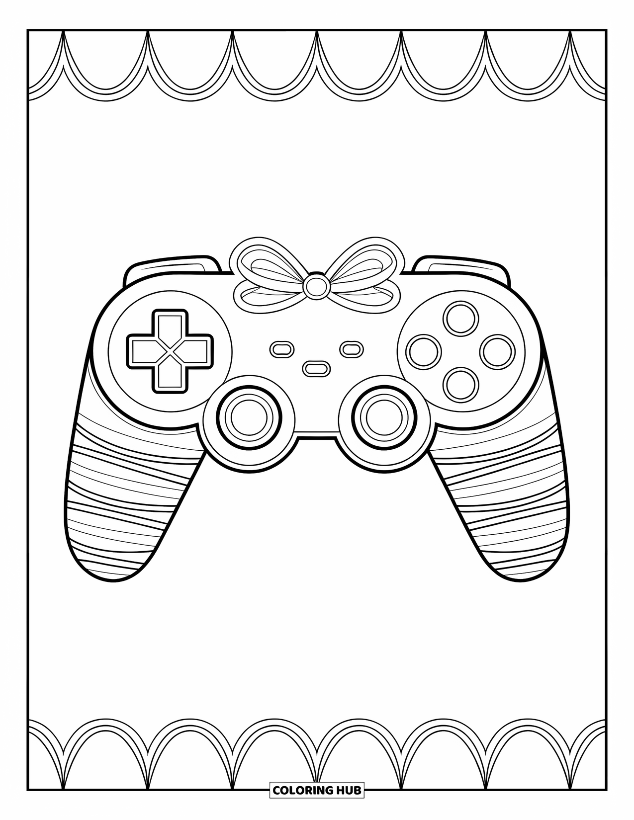 Video Game Controller Coloring Page for Kids: A controller with scroll-like grips and bows is surrounded by hearts and scallops