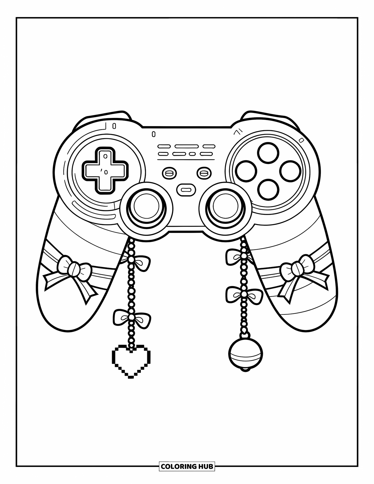 Video Game Controller Coloring Page for Kids: A controller wrapped in ribbons and bows, with dangling pixel-heart and bell charms