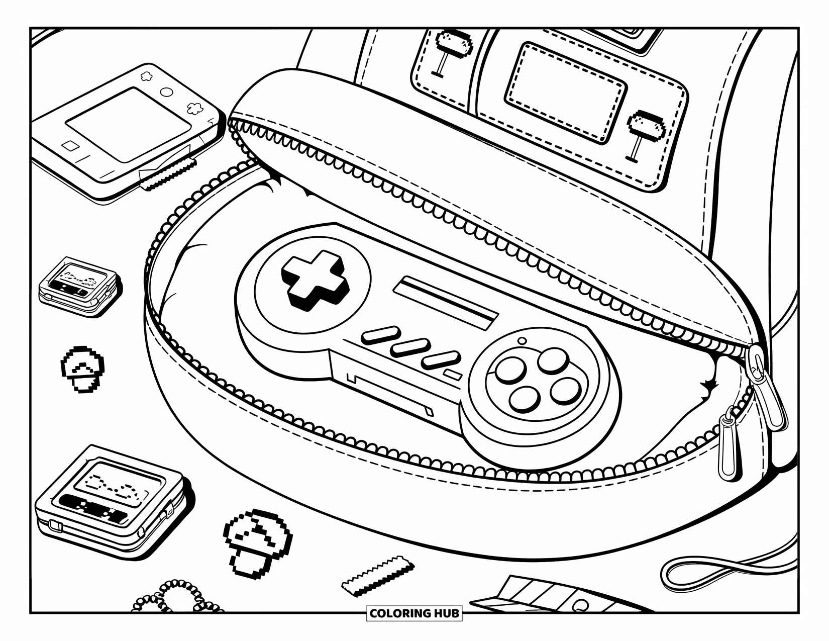 Video Game Controller Coloring Page for Kids: A cozy backpack packed with gaming gear, pixel pins, and a folded game schedule