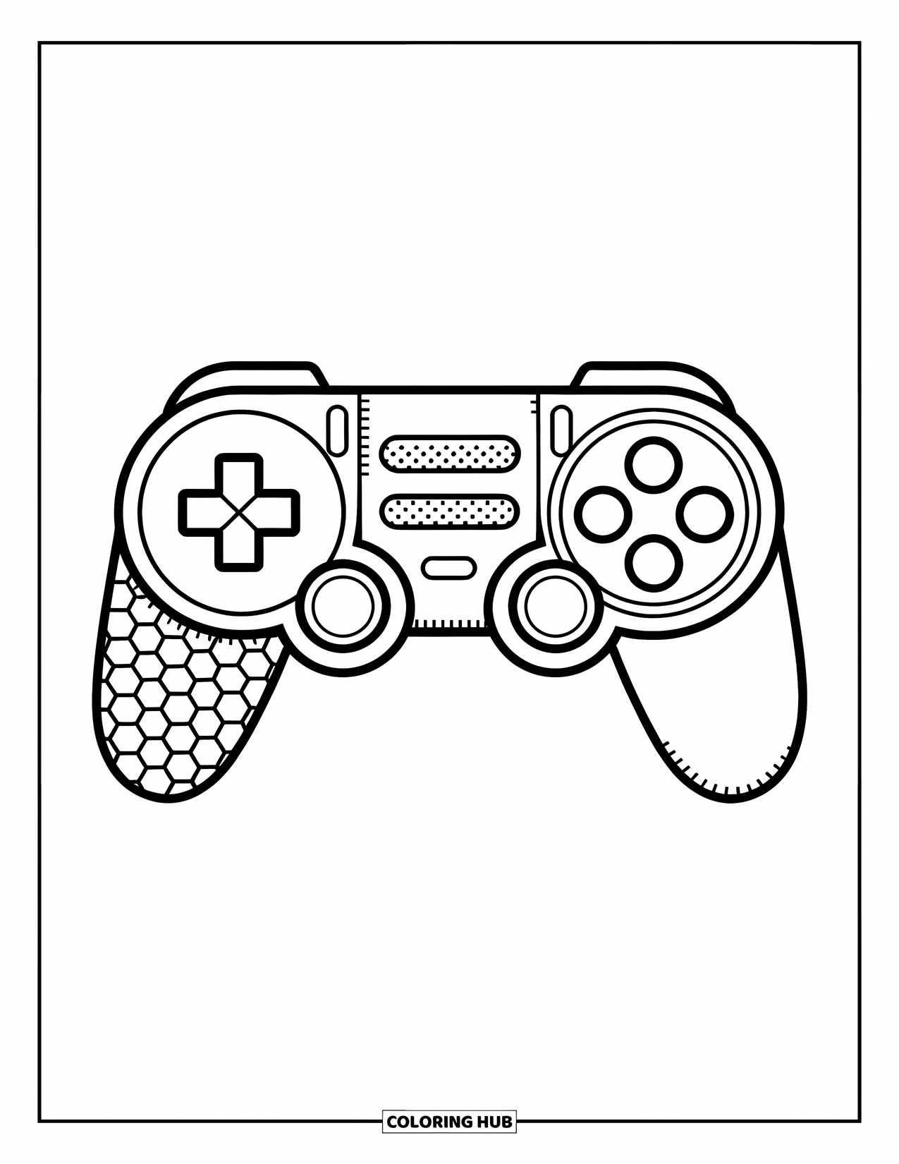 Video Game Controller Coloring Page for Kids: A cozy controller with stitched patches like checkers and dots shows its cute textures