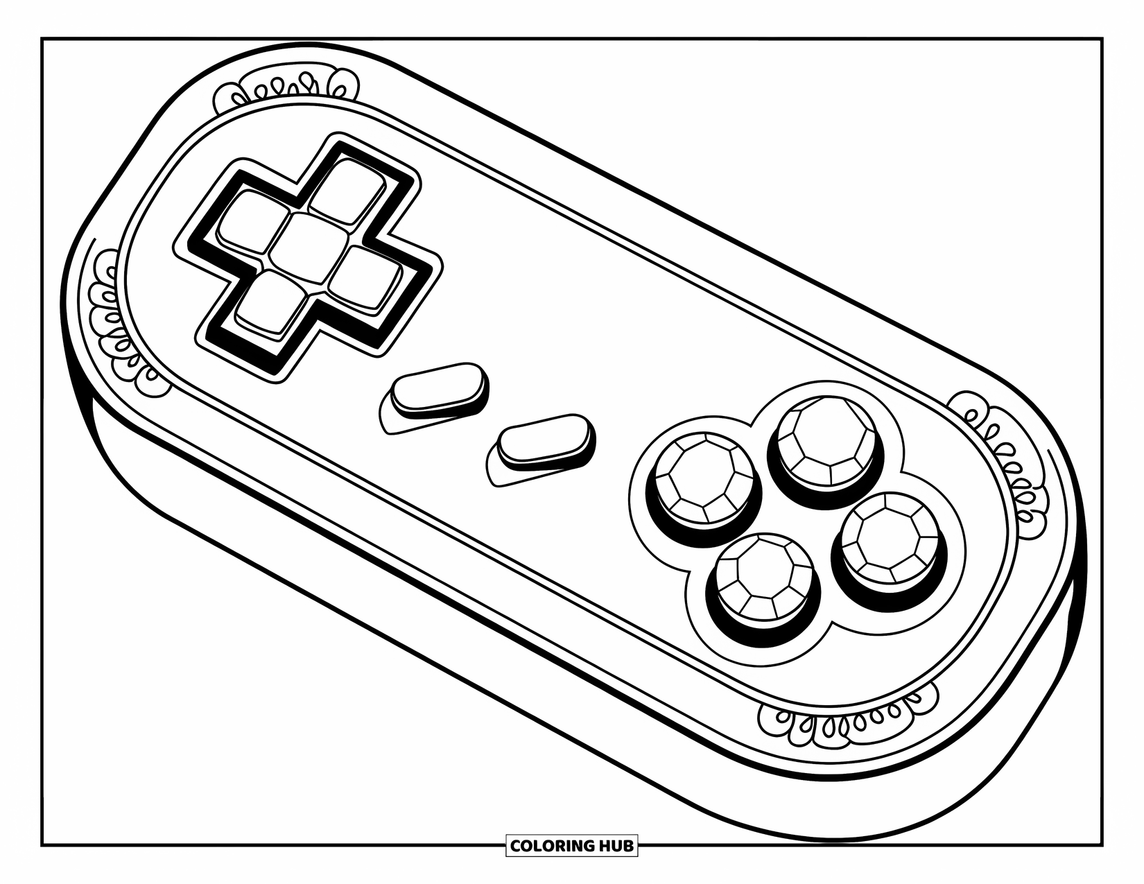 Video Game Controller Coloring Page for Kids: A crystal-button controller shines with flourishes and engraved corners