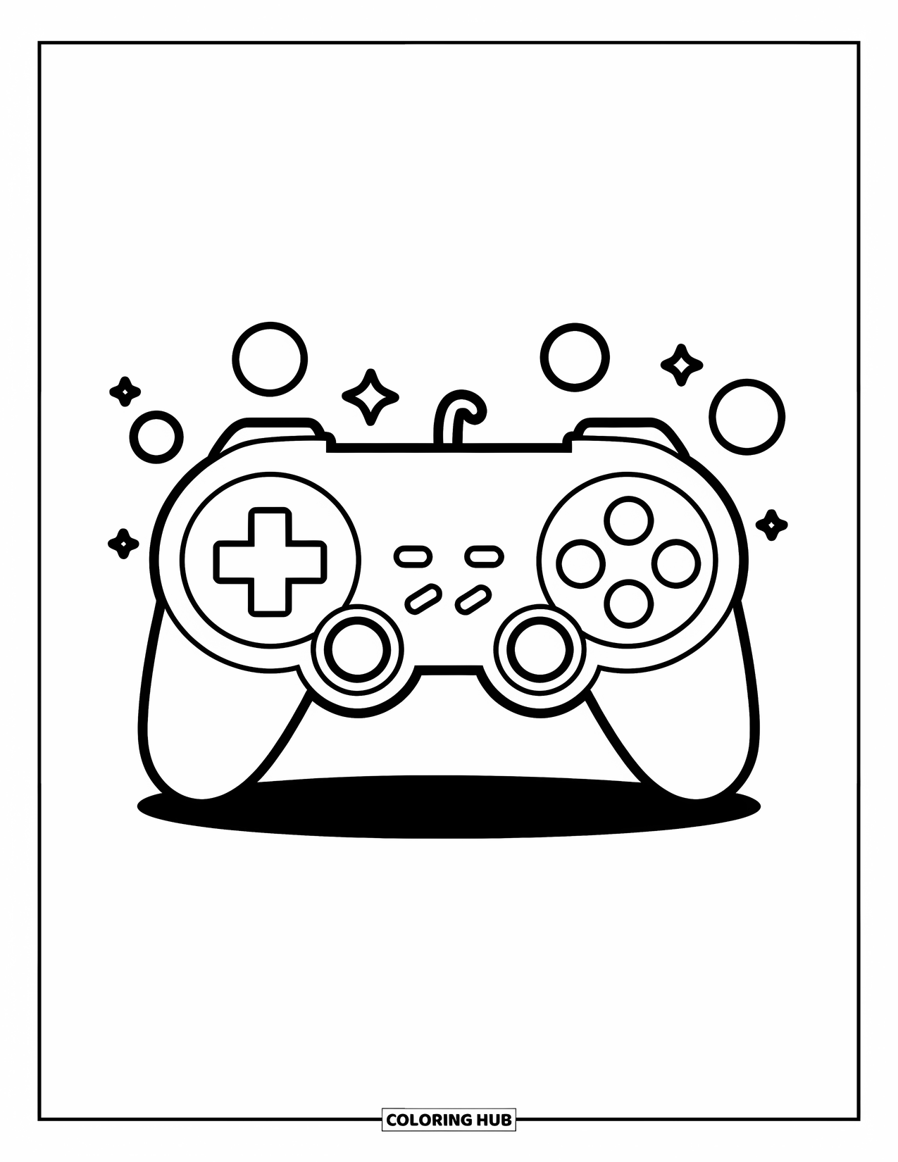 Video Game Controller Coloring Page for Kids: A cute character holds a controller with comic bubbles over each button