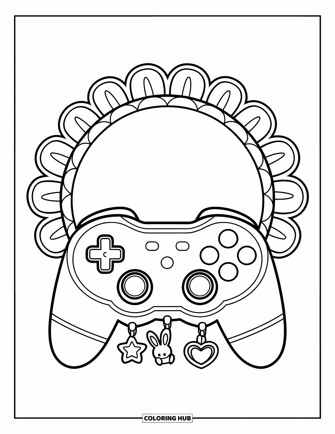 Video Game Controller Coloring Page for Kids: A cute controller with tiny bunny and star charms rests in a lacey frame