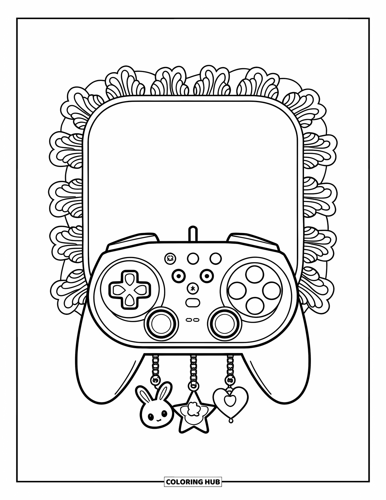 Video Game Controller Coloring Page for Kids: A dainty controller with charm dangles sits inside a lace-inspired frame
