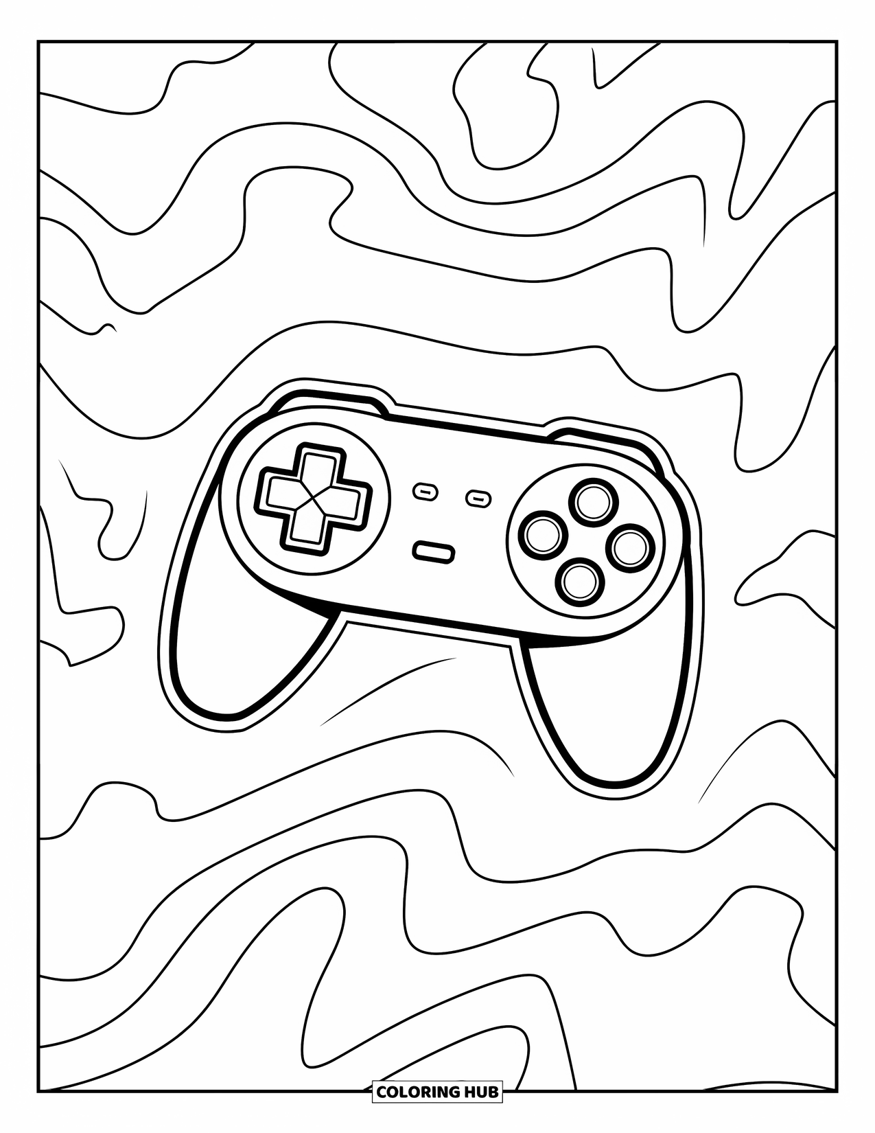 Video Game Controller Coloring Page for Kids: A floating controller sends signal waves in all directions with bold outlines