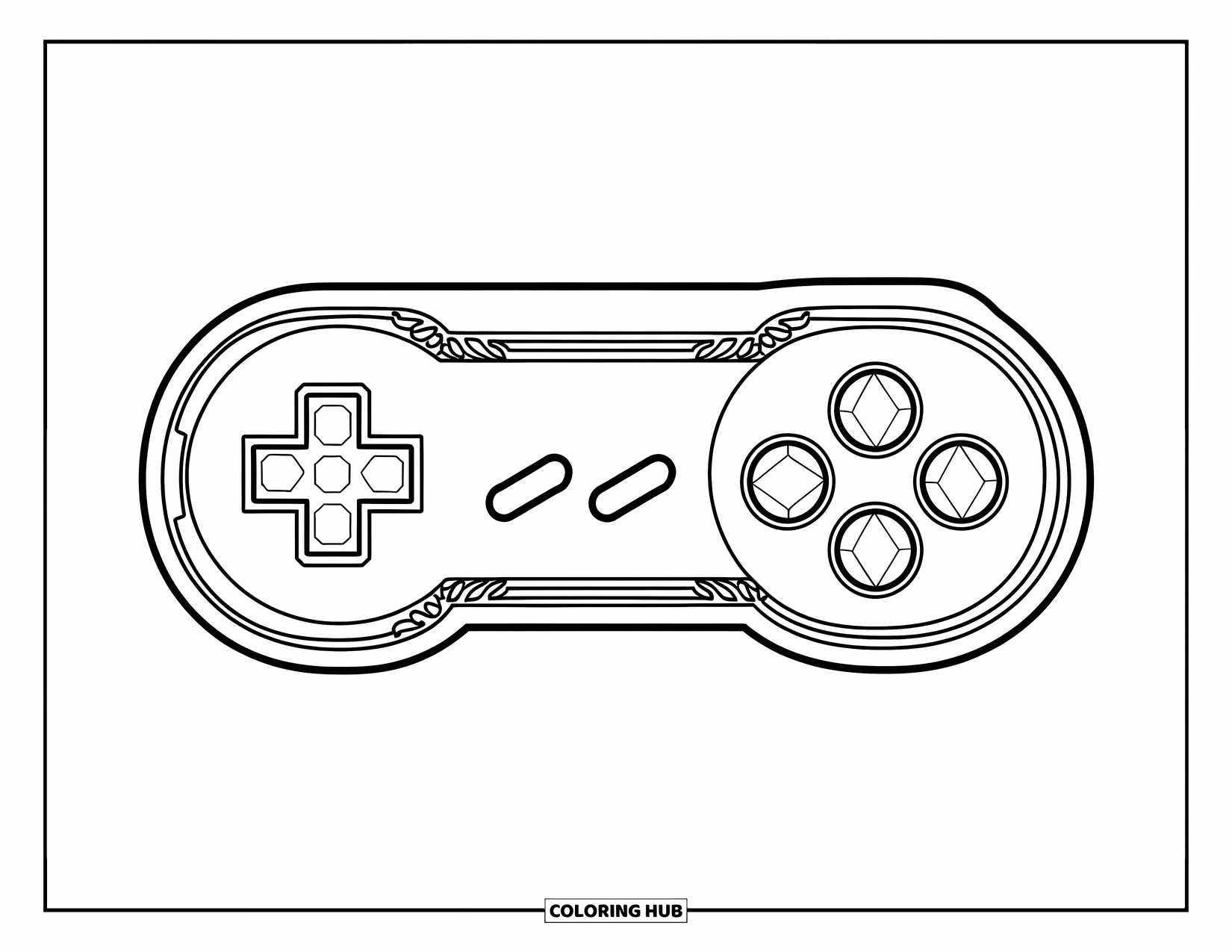 Video Game Controller Coloring Page for Kids: A gem-button gamepad sparkles with lacy flourishes and ornate frame corners