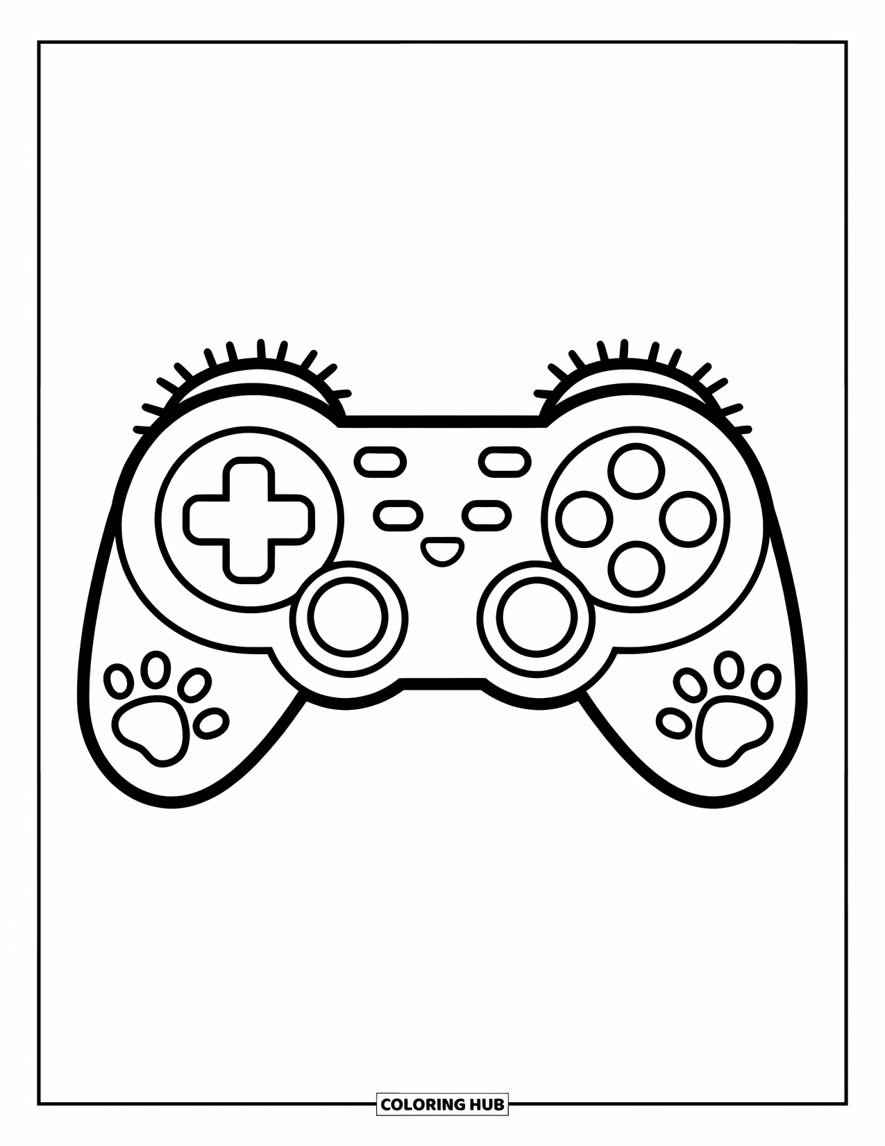 Video Game Controller Coloring Page for Kids: A paw-print controller with cat-paw joysticks and a pillow-soft design