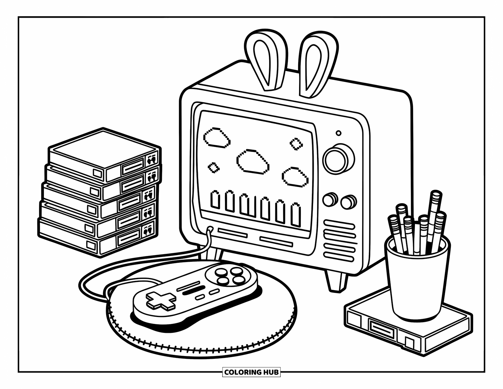Video Game Controller Coloring Page for Kids: A retro TV with pixel shapes plays beside a controller, game cases, and tiny swords
