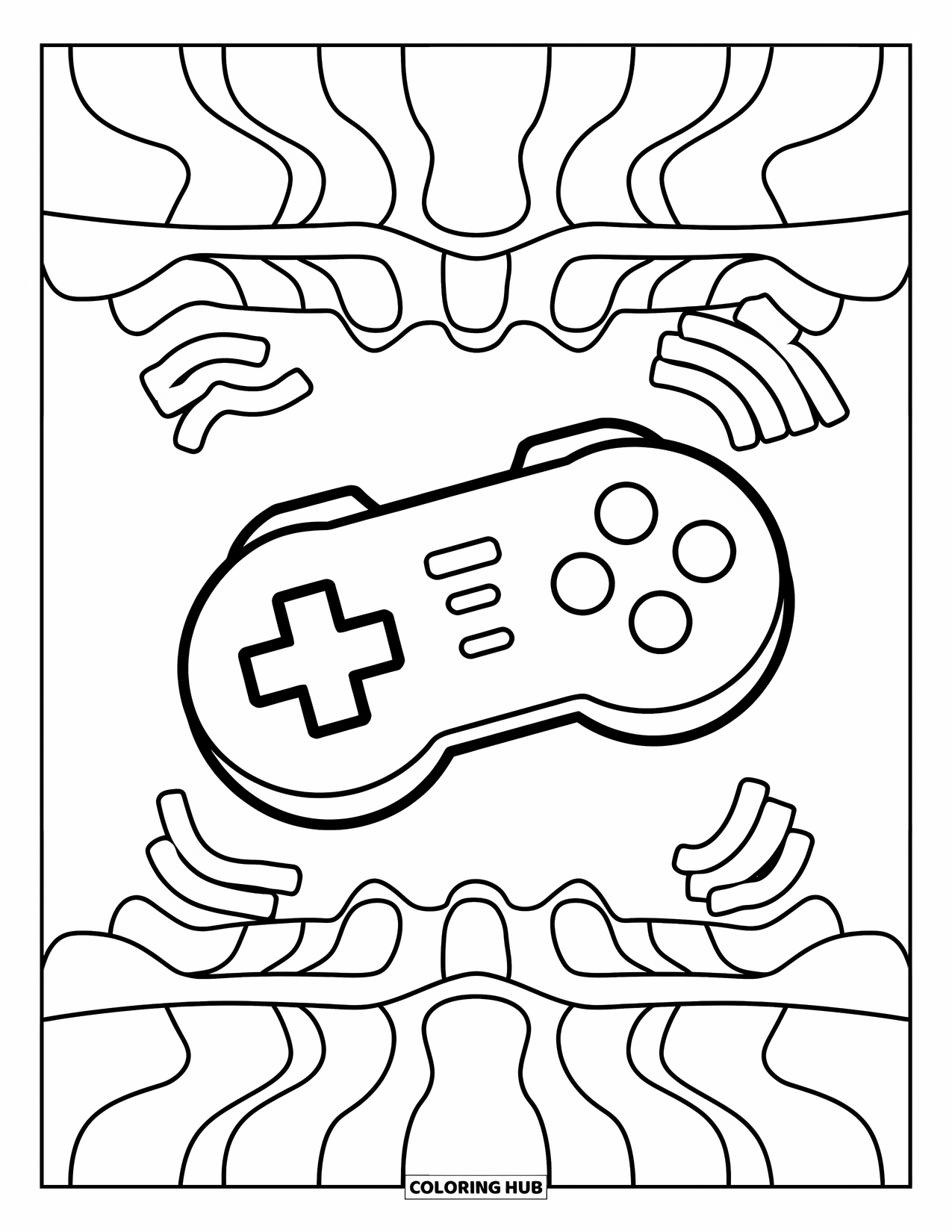Video Game Controller Coloring Page for Kids: A simple wireless controller floats with wavy signal lines drawn around it
