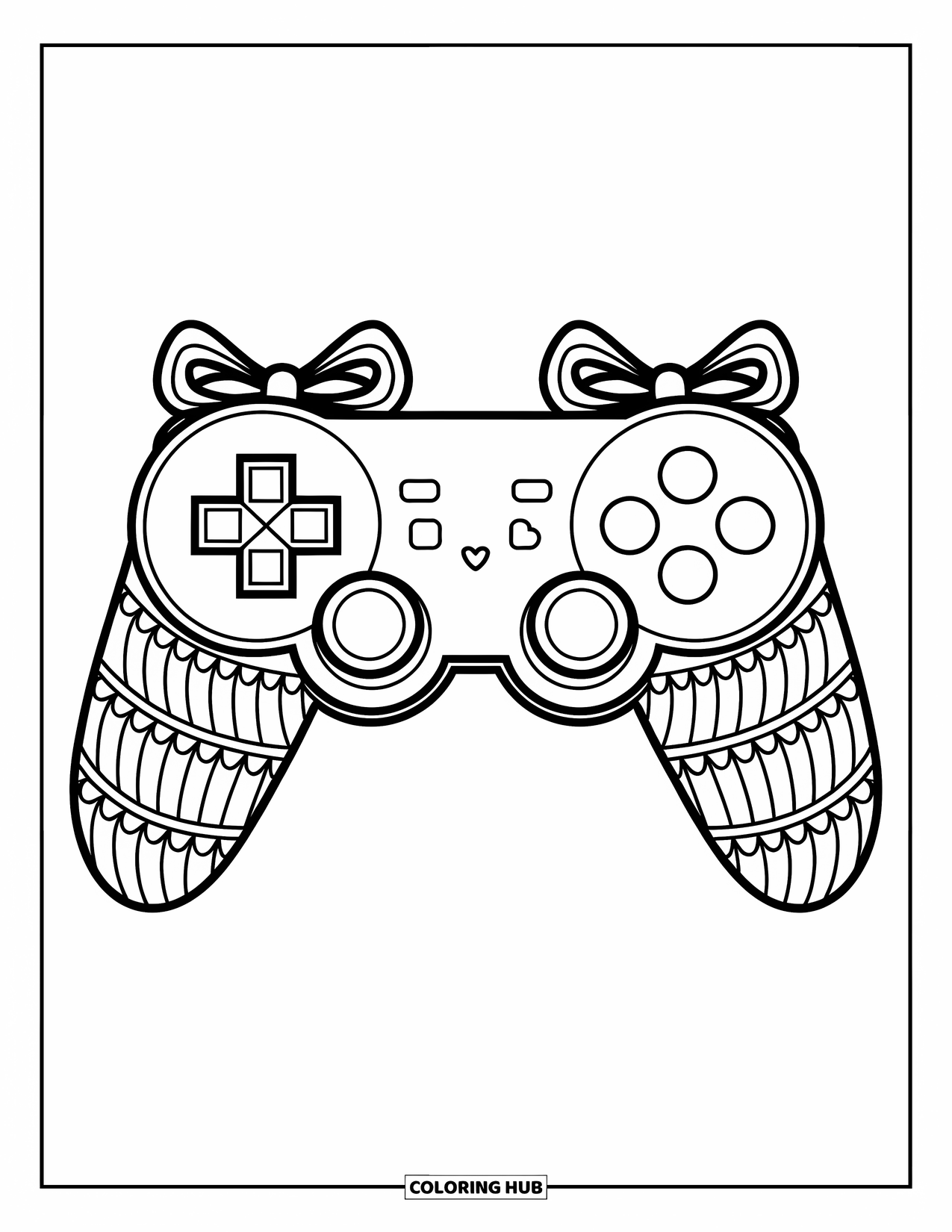Video Game Controller Coloring Page for Kids: A soft-curved controller with bows and hearts floats in a scallop pattern