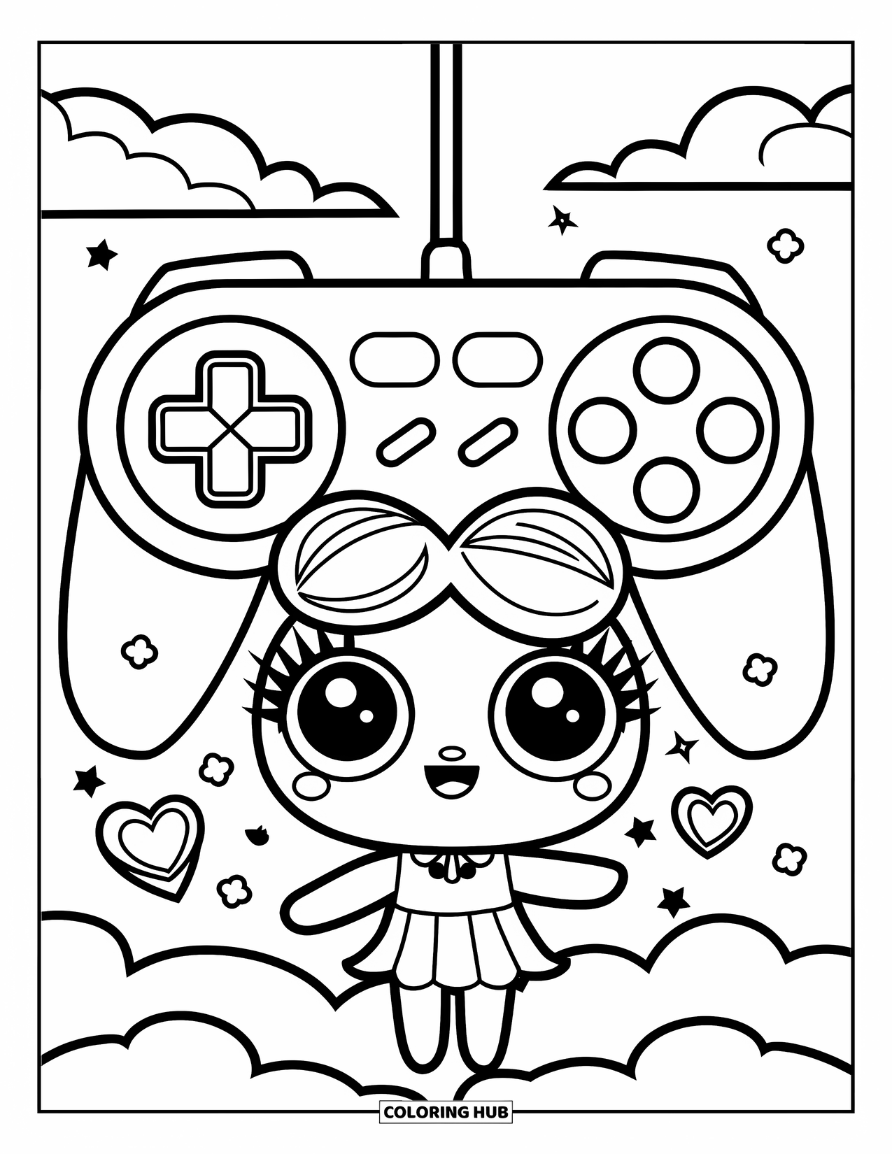 Video Game Controller Coloring Page for Kids: A sweet character on a cloud holds a controller with rainbow bubbles above each button