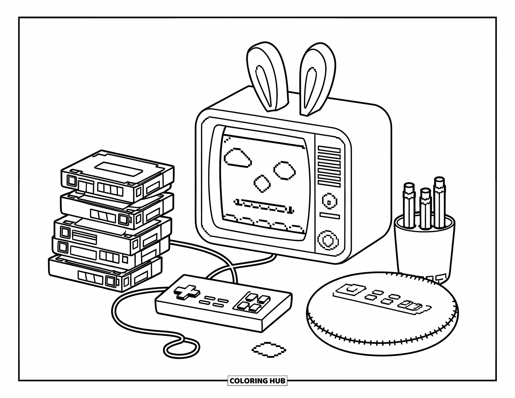Video Game Controller Coloring Page for Kids: An old-school game setup with pixel clouds, VHS cases, and a cozy controller cushion