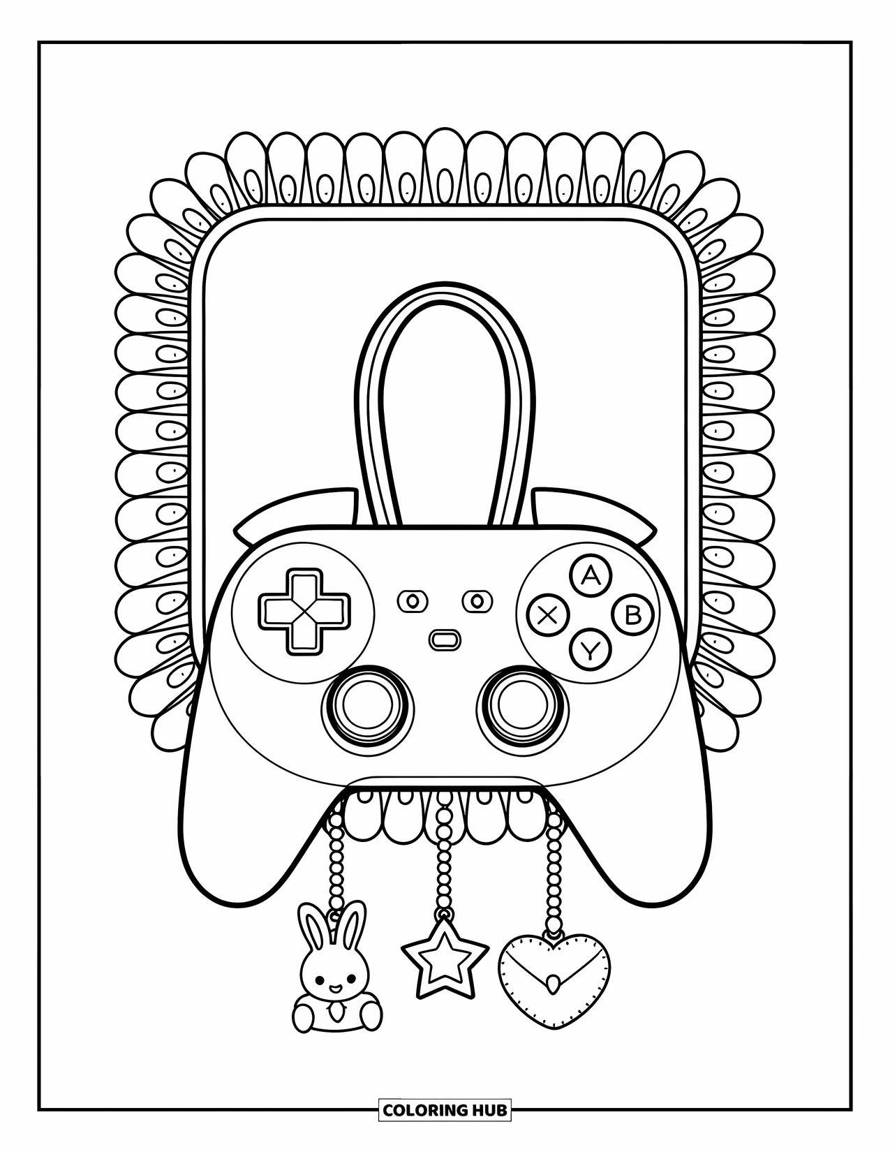 Video Game Controller Coloring Page for Kids: Charms dangle from a soft controller inside a gently arched lace border
