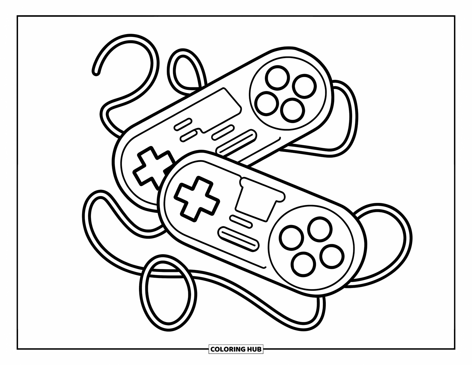 Video Game Controller Coloring Page for Kids: Curly wires twist around two cute controllers with big buttons and rounded shapes