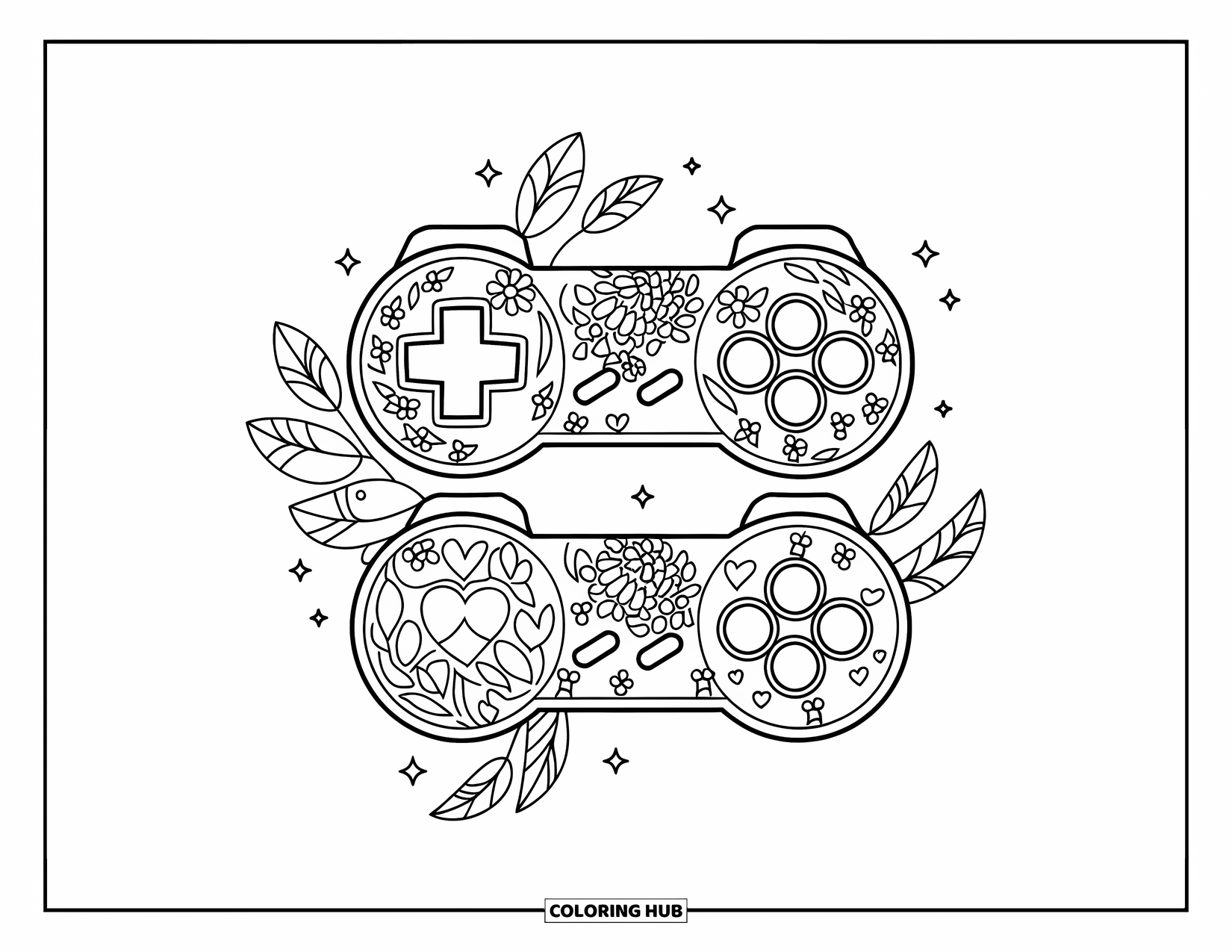 Video Game Controller Coloring Page for Kids: Cute joy-cons with floral designs and playful vines twirling around them