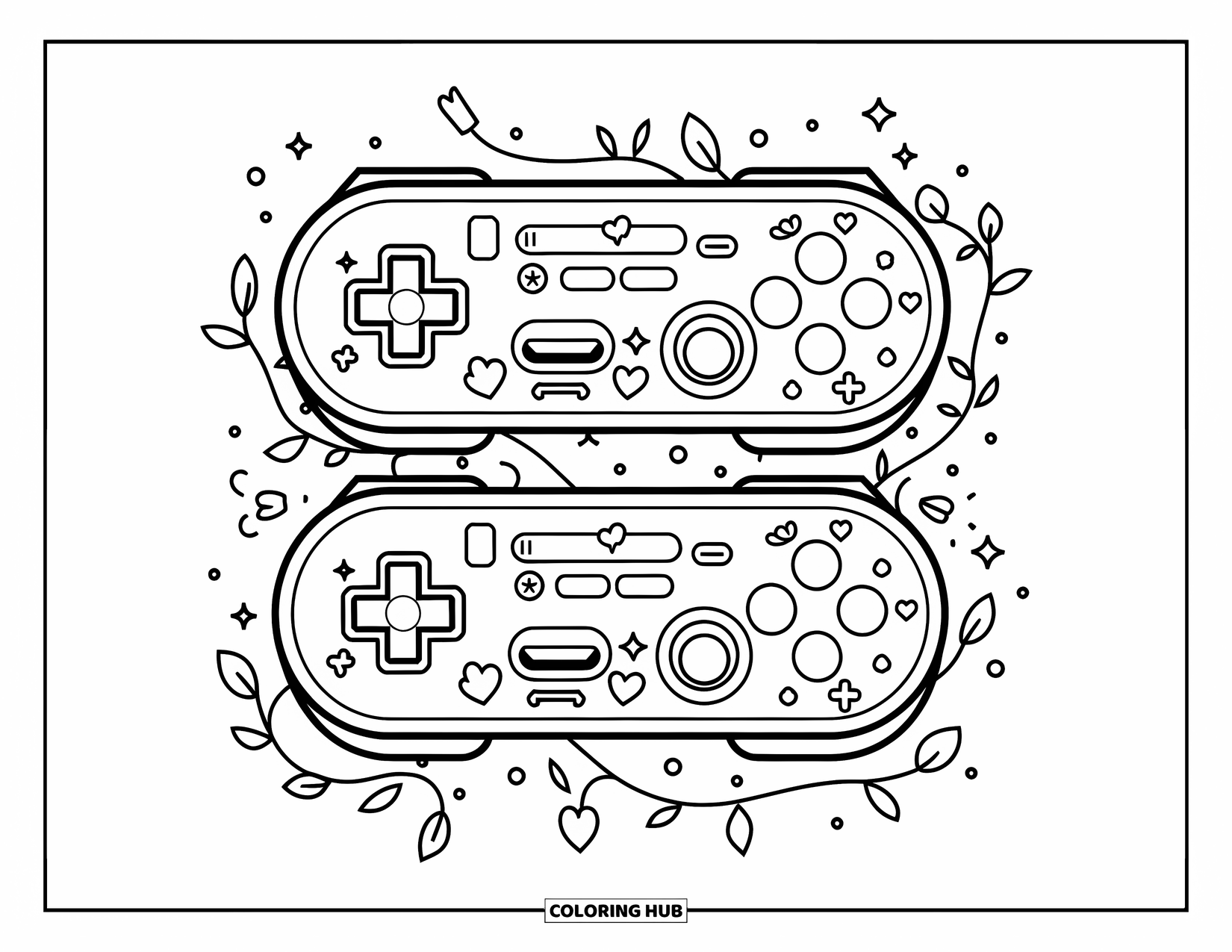 Video Game Controller Coloring Page for Kids: Detachable controllers with etched flowers and hearts, surrounded by sparkles and vines