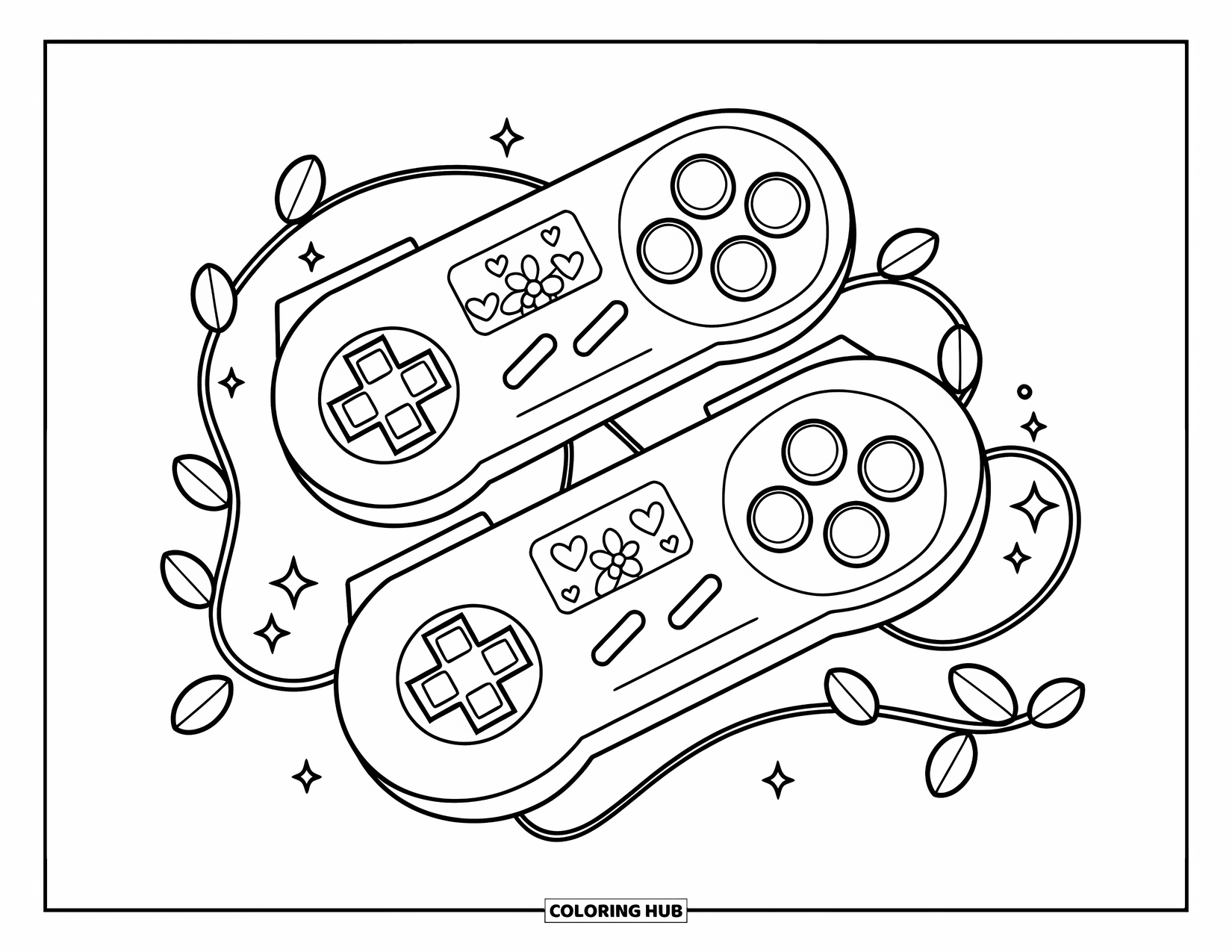 Video Game Controller Coloring Page for Kids: Floral joy-cons with heart thumb grips and sparkly vines around the buttons