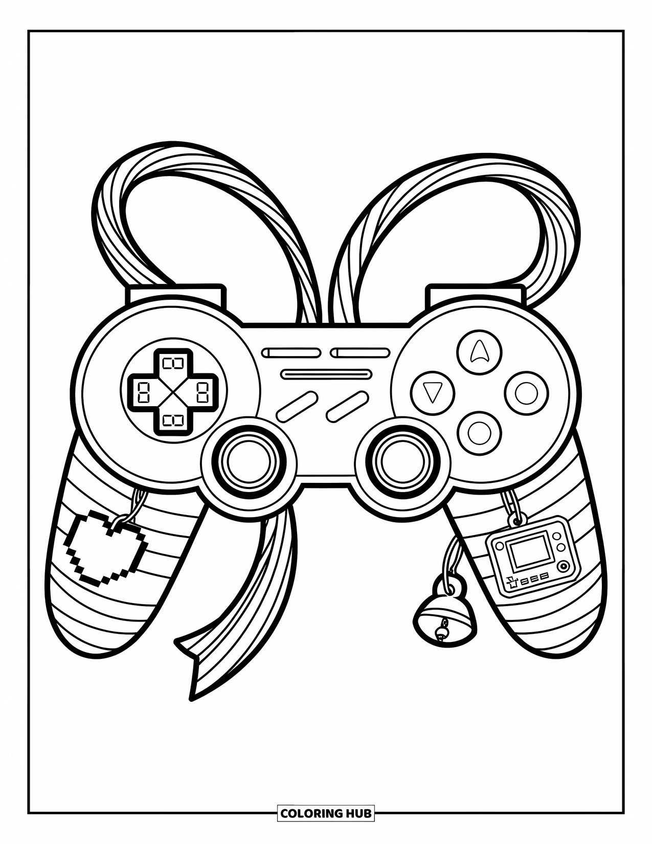 Video Game Controller Coloring Page for Kids: Ribbon-wrapped controller with charms like pixel hearts and tiny bells