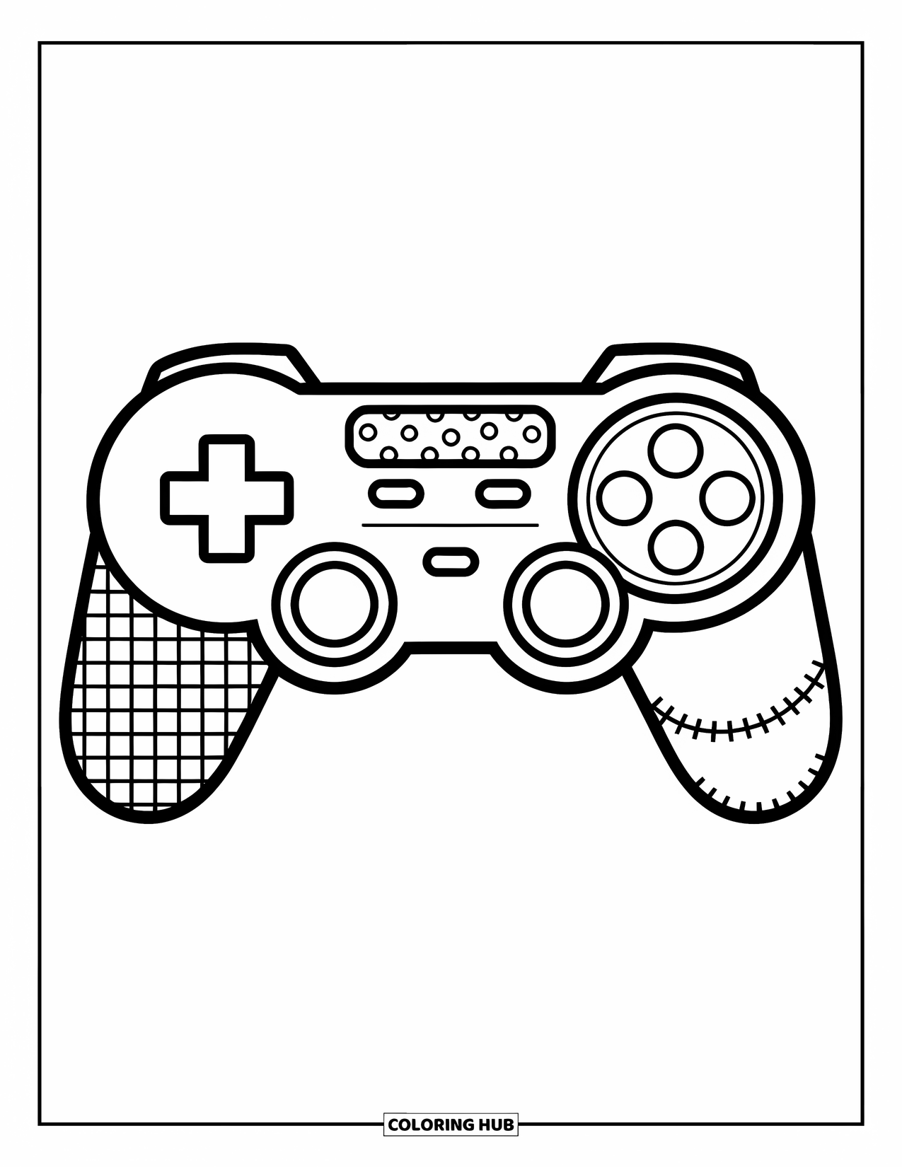 Video Game Controller Coloring Page for Kids: This patchwork controller features playful sections and faux stitched borders all around