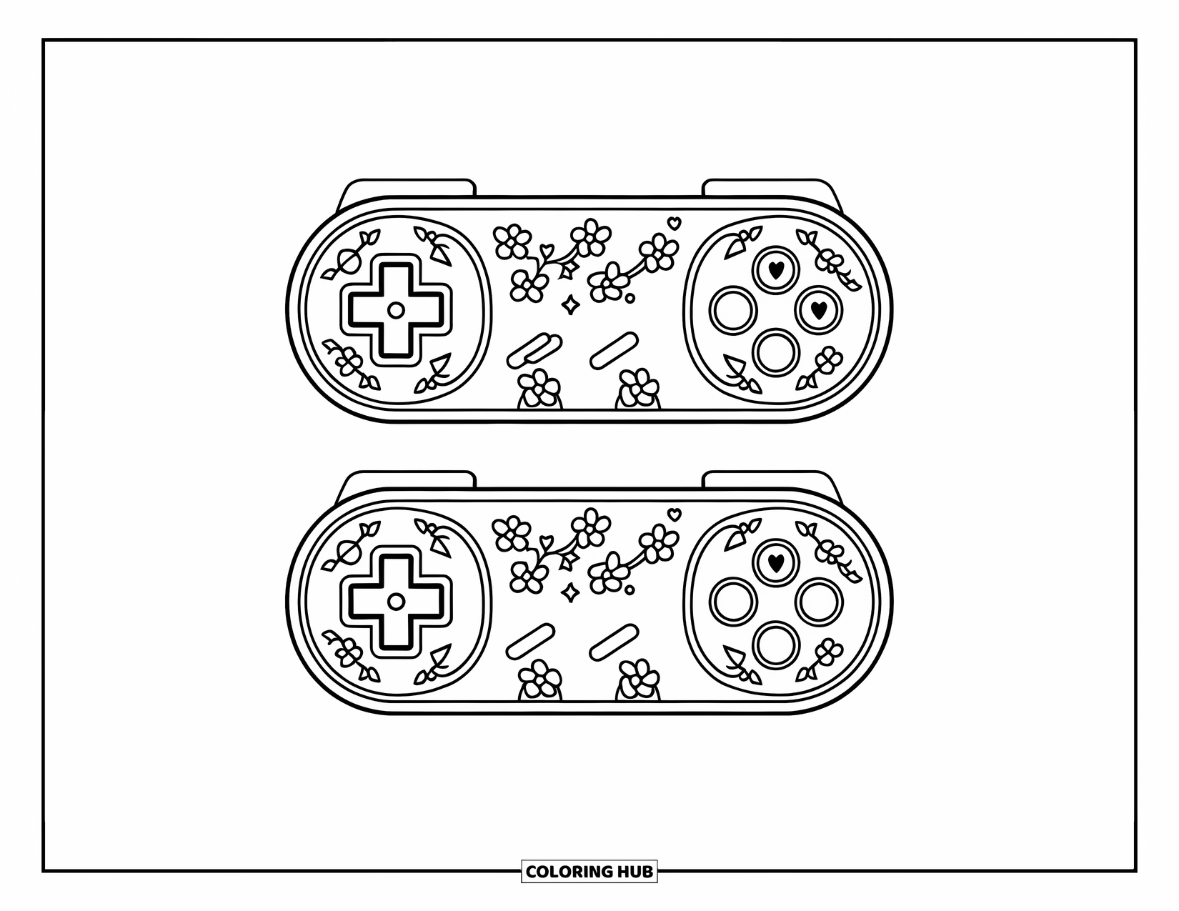 Video Game Controller Coloring Page for Kids: Two detachable controllers with flowers, hearts, sparkles, and trailing vines