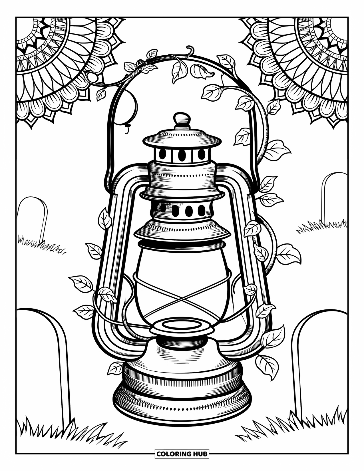 Vintage Halloween Coloring Page for Adults: Antique lantern glows in a graveyard framed by vines and swirls
