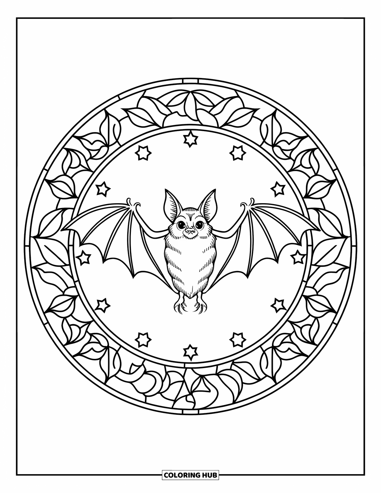 Vintage Halloween Coloring Page for Adults: Bat in a leafy stained glass frame surrounded by stars and swirls