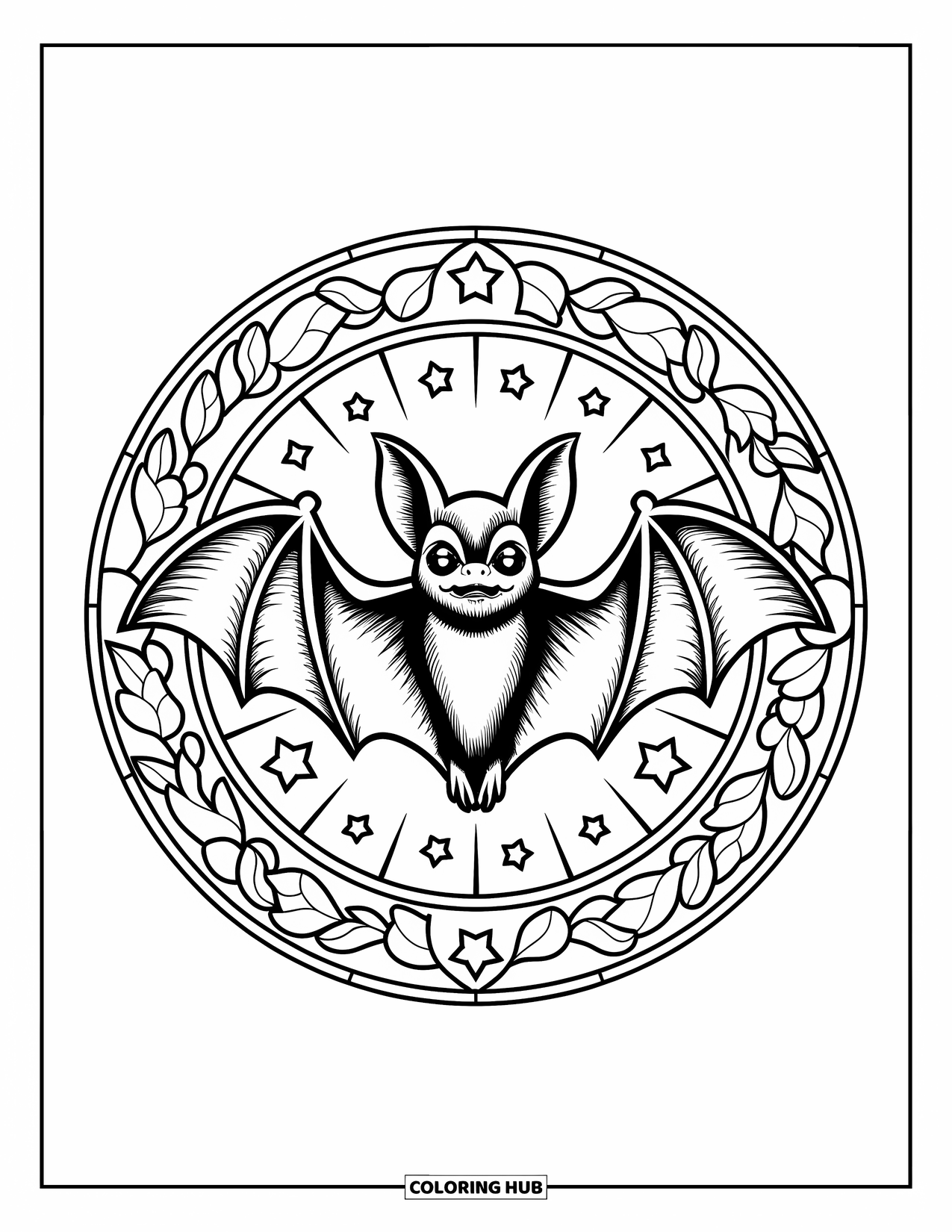 Vintage Halloween Coloring Page for Adults: Bat in stained glass circle surrounded by bold leaves and star designs