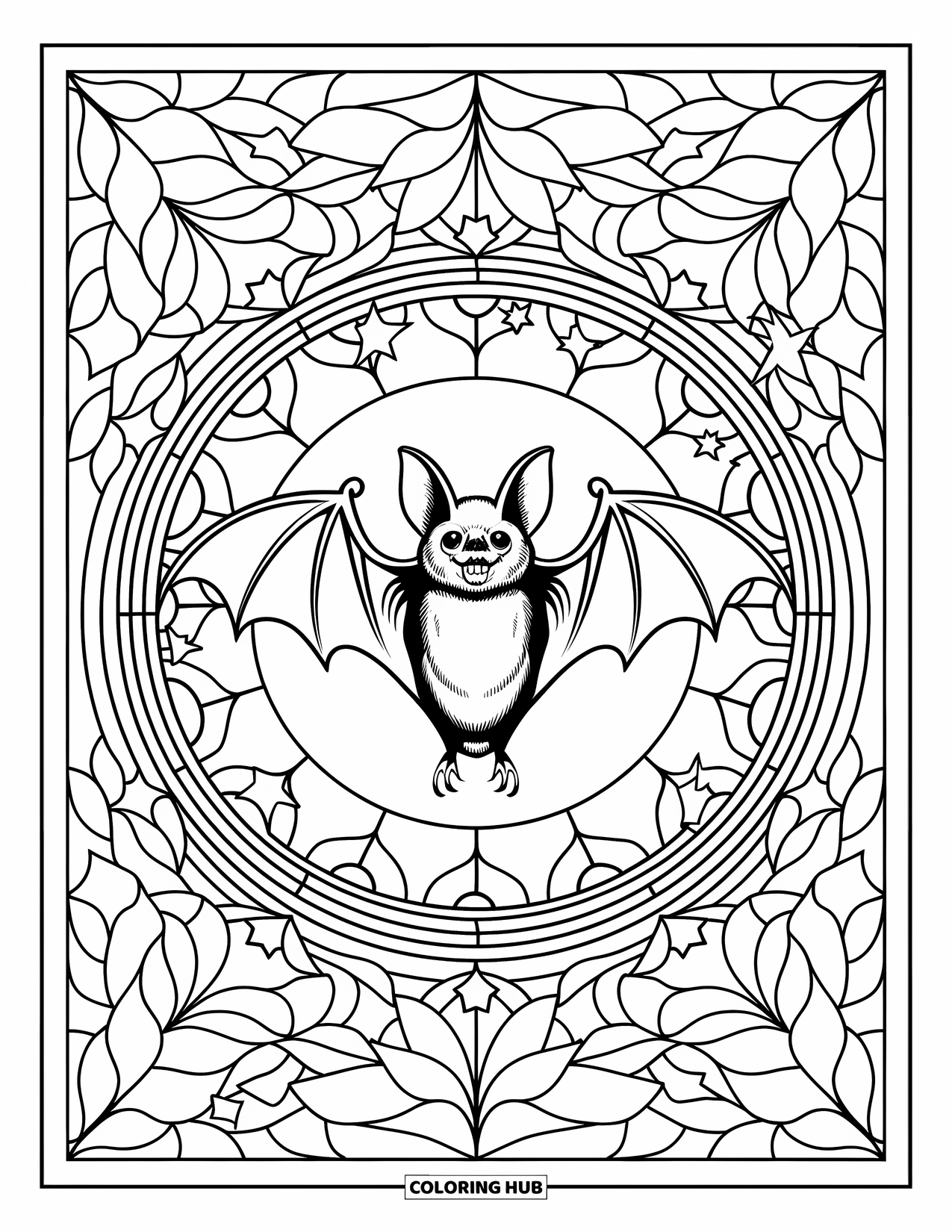 Vintage Halloween Coloring Page for Adults: Bat spreads its wings inside a patterned stained glass circle of leaves and stars
