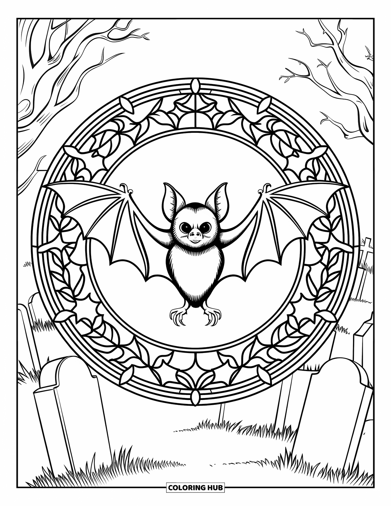 Vintage Halloween Coloring Page for Adults: Bat with spread wings rests in a stained glass circle of stars and leaves