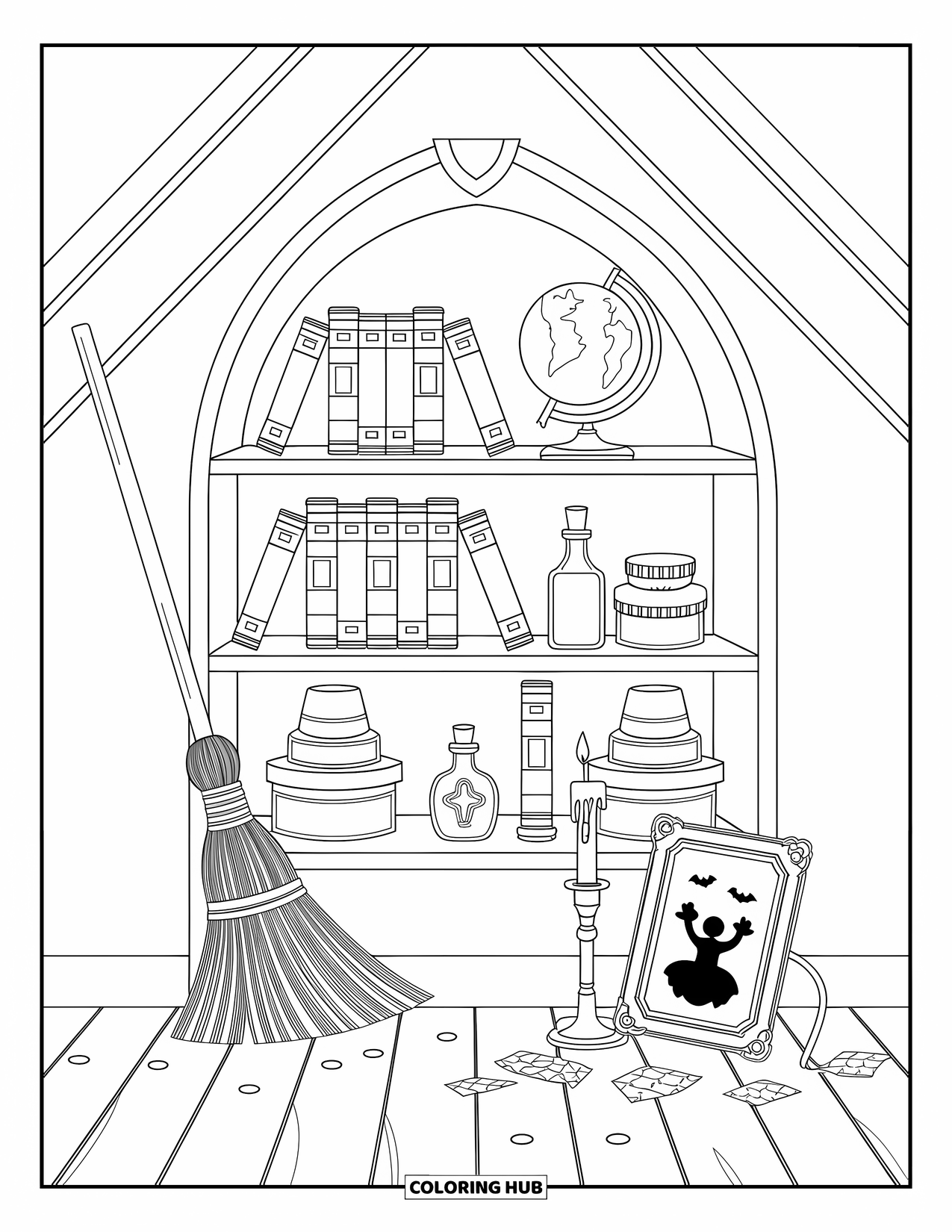 Vintage Halloween Coloring Page for Adults: Cozy attic with spellbooks, potion bottles, a broom, and a glowing candle holder