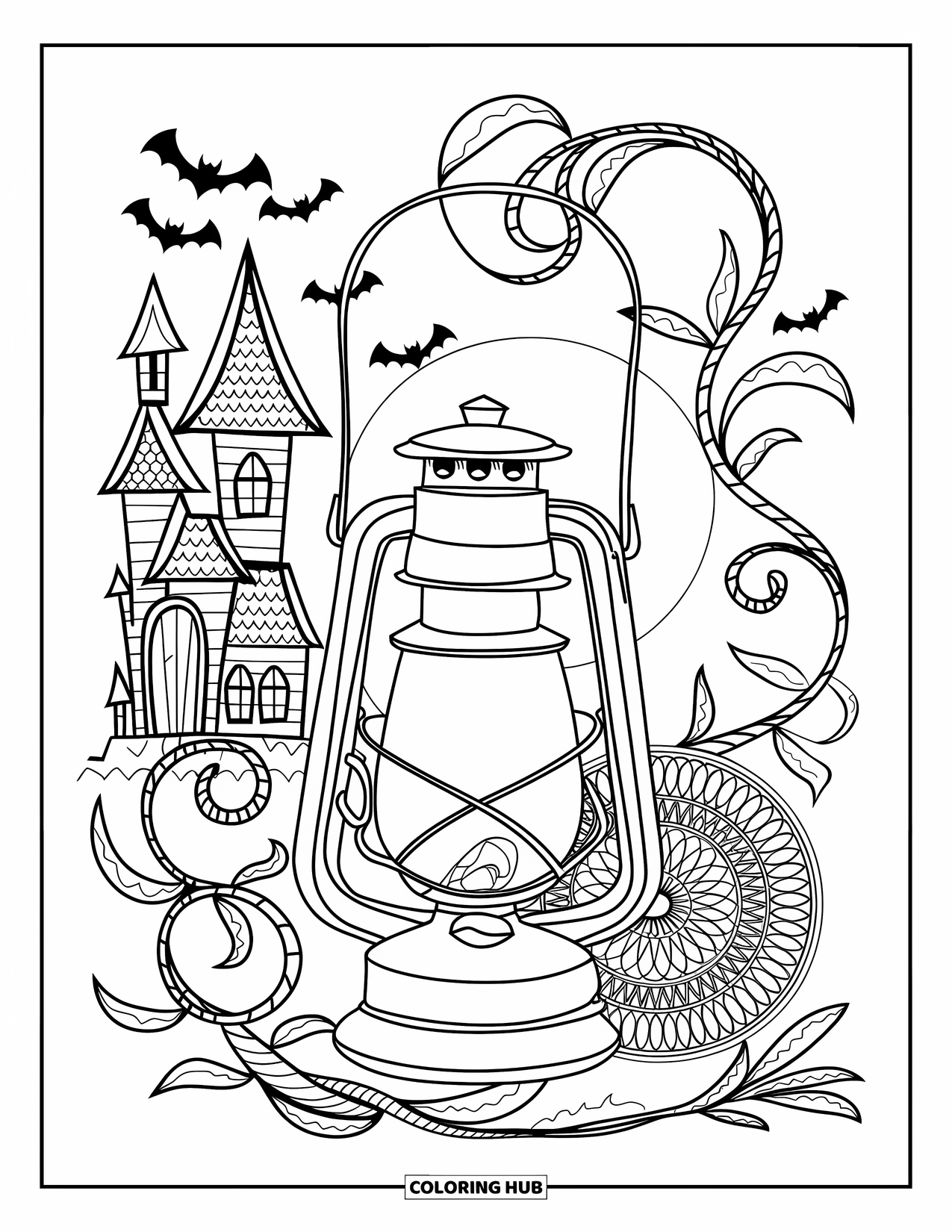 Vintage Halloween Coloring Page for Adults: Flickering lantern floats among bats, vines, and a haunted house