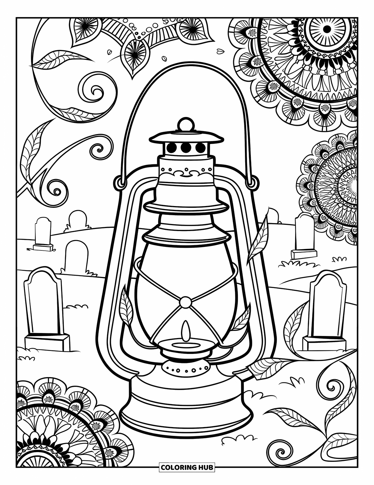 Vintage Halloween Coloring Page for Adults: Graveyard lantern framed with swirling vines and peaceful mandala patterns
