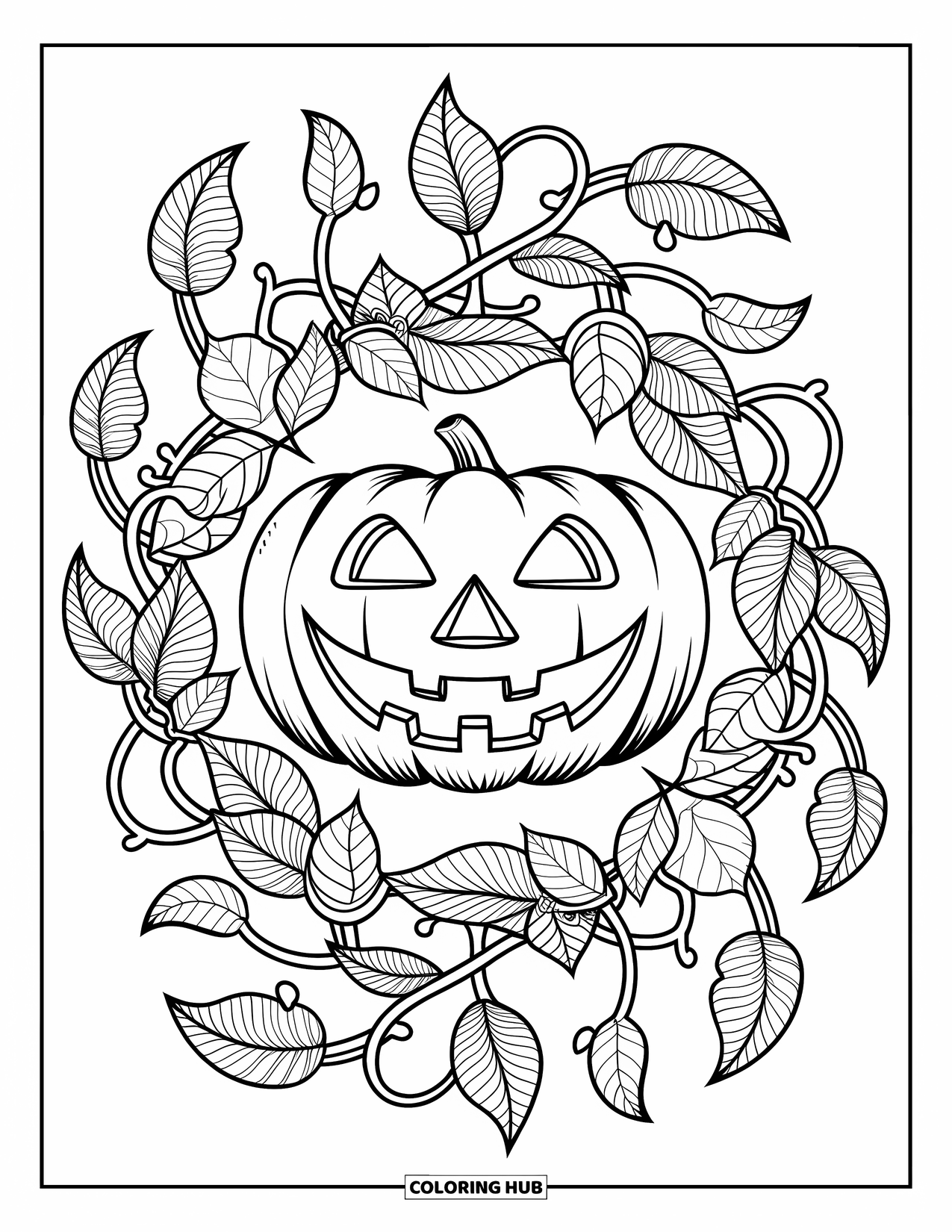 Vintage Halloween Coloring Page for Adults: Grinning jack-o'-lantern rests in a leafy mandala with dotted patterns and curls