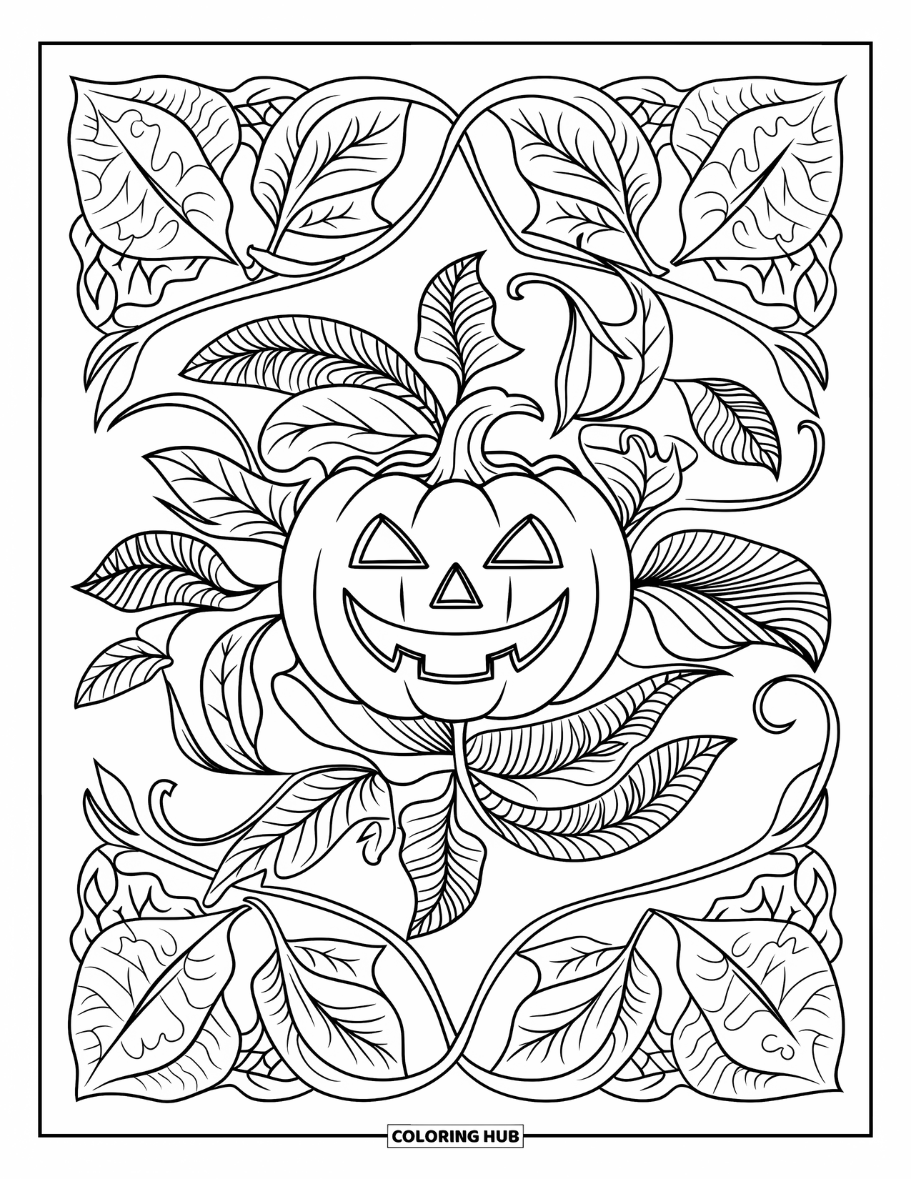 Vintage Halloween Coloring Page for Adults: Jack-o'-lantern smiles inside a swirling mandala of twisting vines and leaves