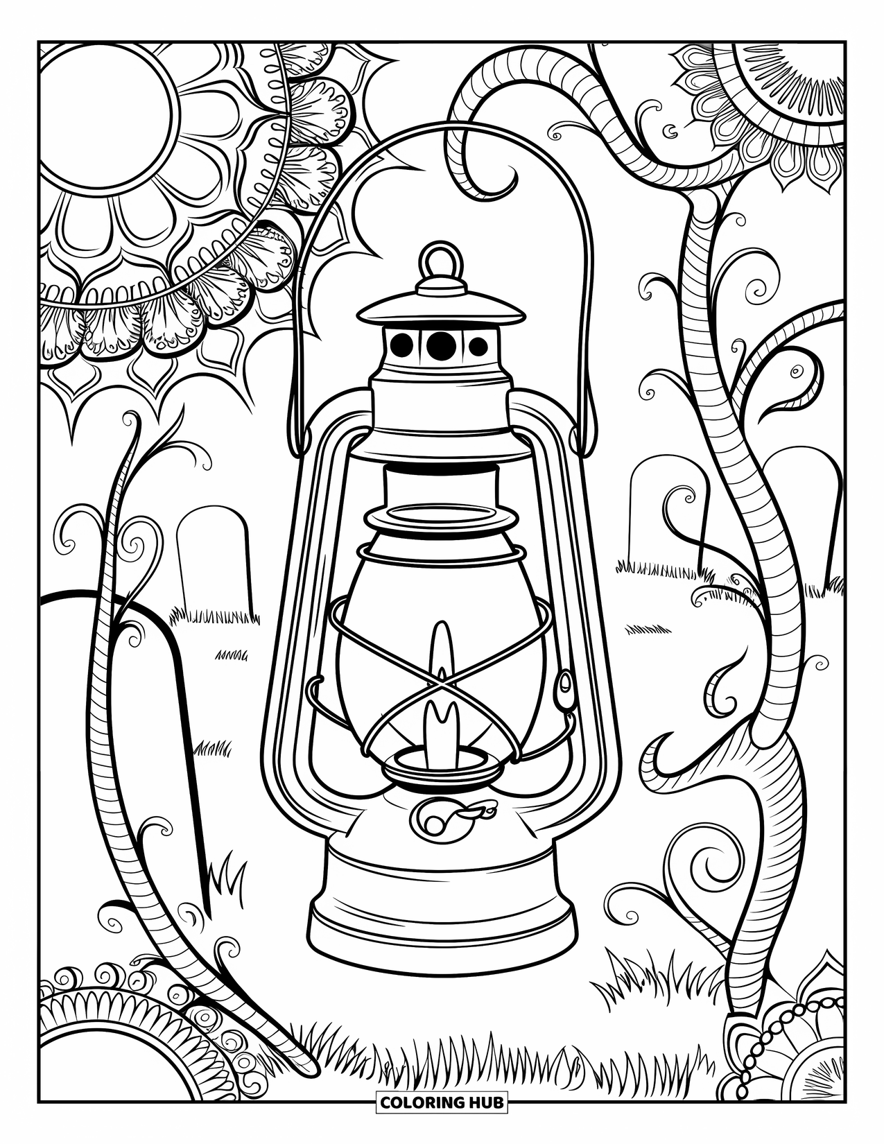 Vintage Halloween Coloring Page for Adults: Lantern glows among curling vines and mandala swirls in a graveyard