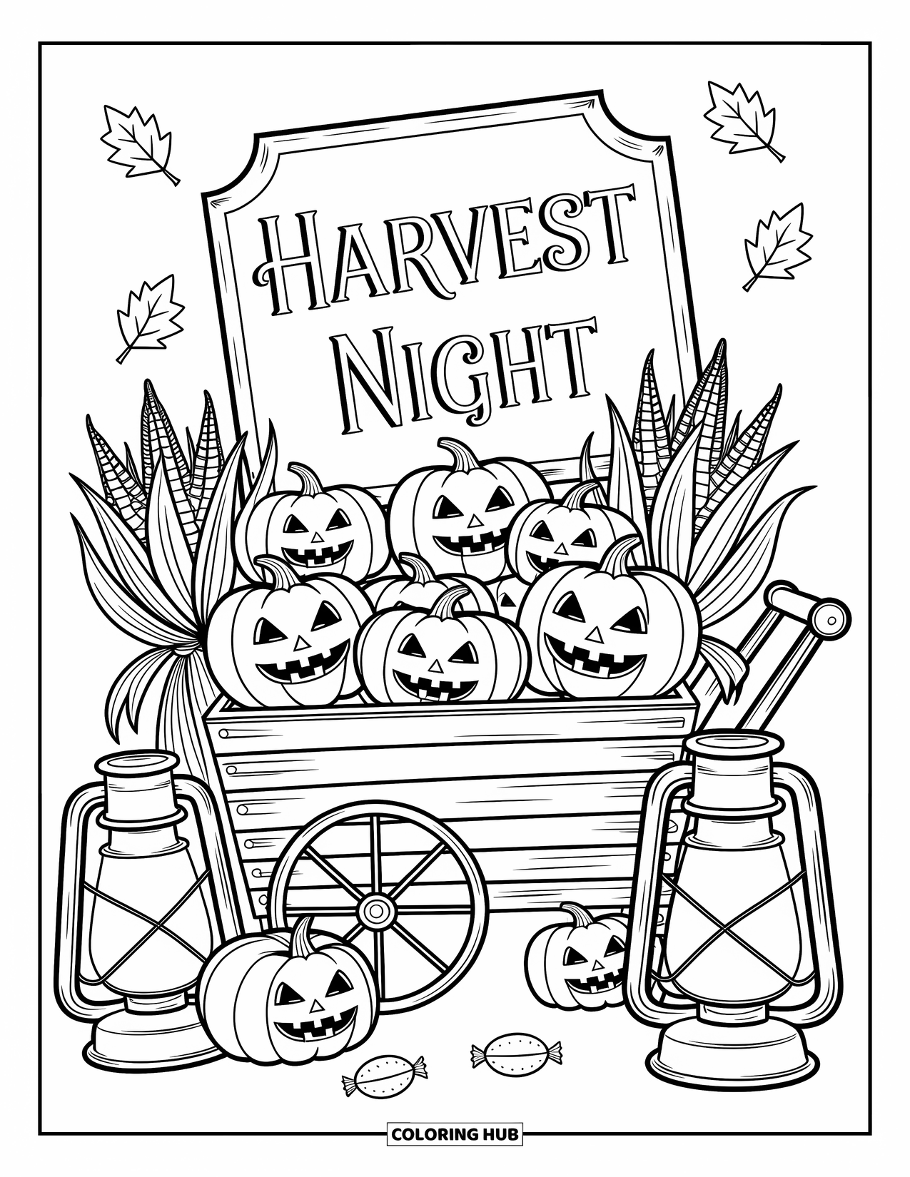 Vintage Halloween Coloring Page for Adults: Old produce cart full of grinning pumpkins, lanterns, and scattered candy wrappers