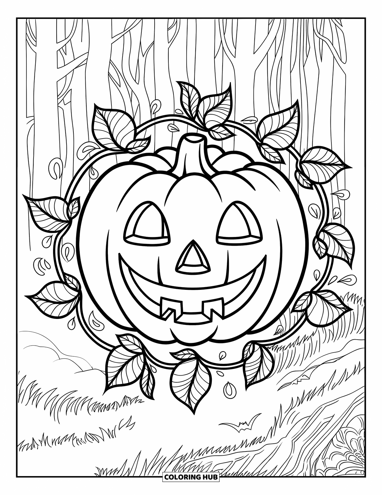Vintage Halloween Coloring Page for Adults: Pumpkin with a wide grin glows inside a leafy mandala in a forest