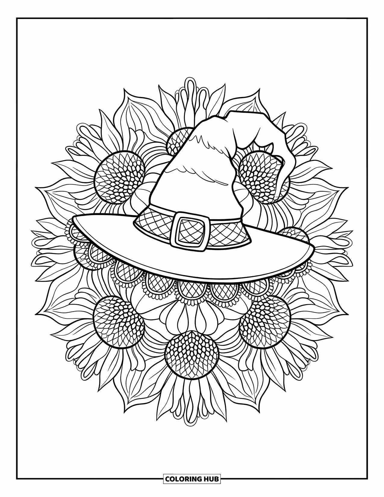 Vintage Halloween Coloring Page for Adults: Ribboned witch hat glows inside a sunflower mandala design