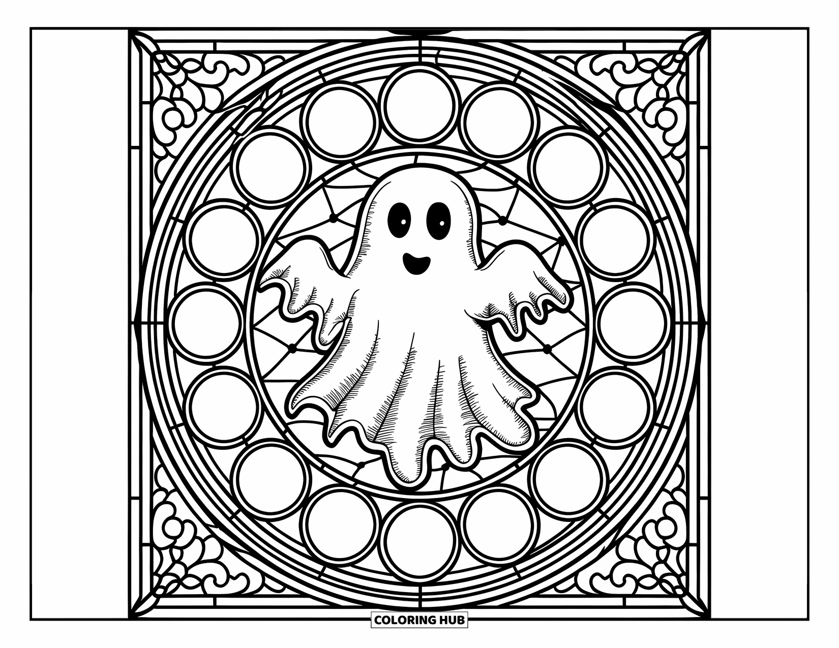 Vintage Halloween Coloring Page for Adults: Smiling ghost in robes rests in a stained glass panel of moons