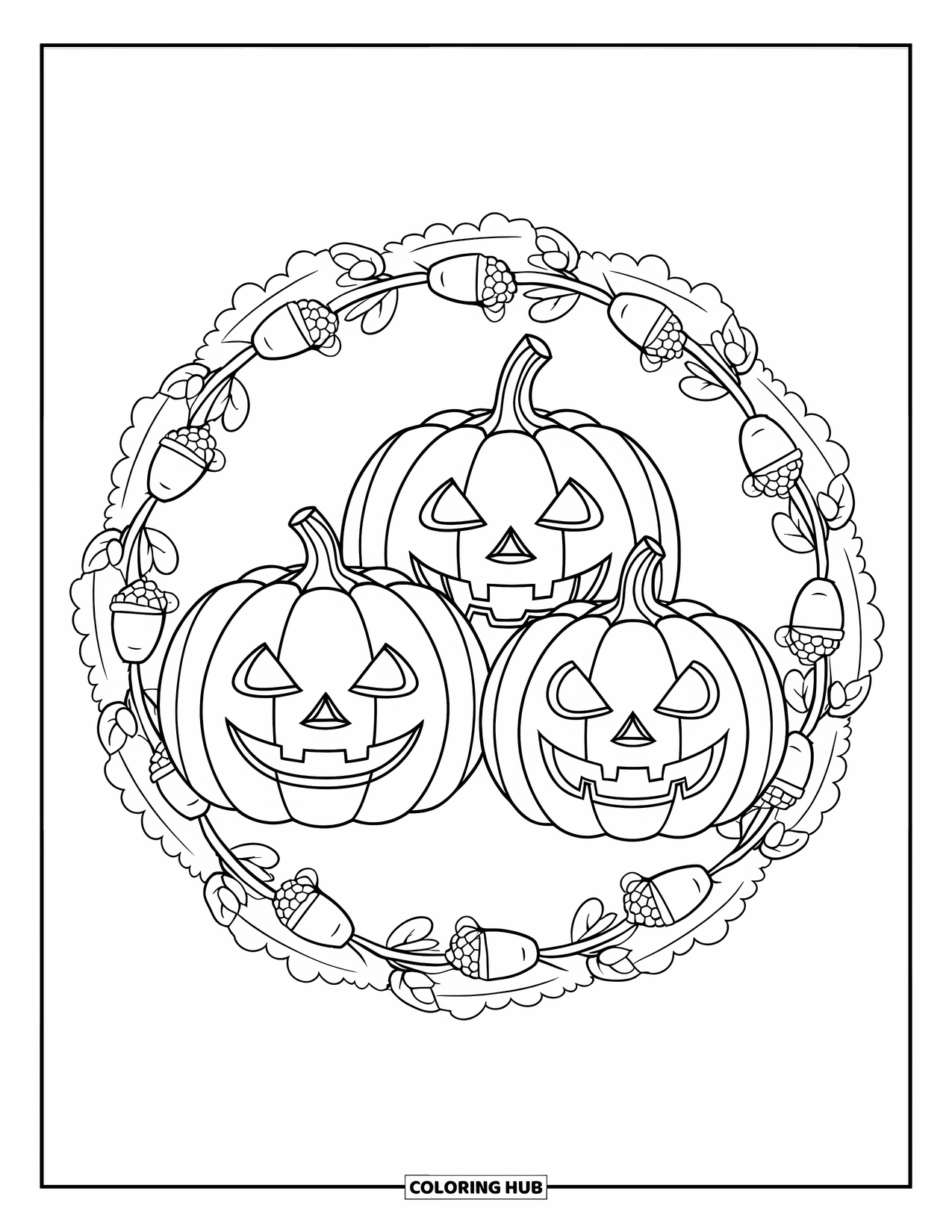 Vintage Halloween Coloring Page for Adults: Smiling jack-o'-lanterns rest in a leafy mandala filled with berries