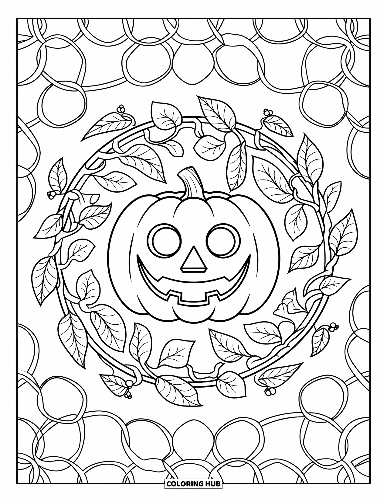 Vintage Halloween Coloring Page for Adults: Smiling pumpkin sits in a mandala of leafy vines and scattered berries