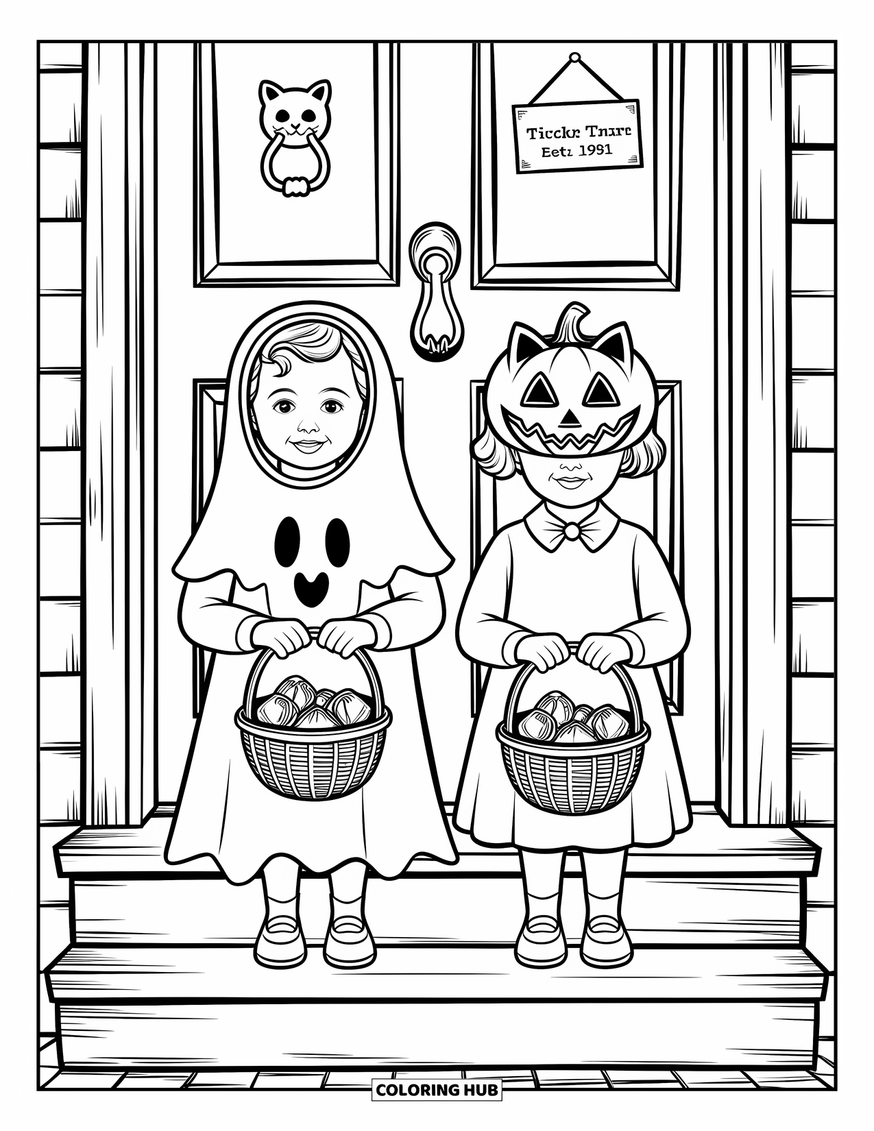 Vintage Halloween Coloring Page for Adults: Two kids in vintage ghost and pumpkin costumes stand by a trick-or-treat sign