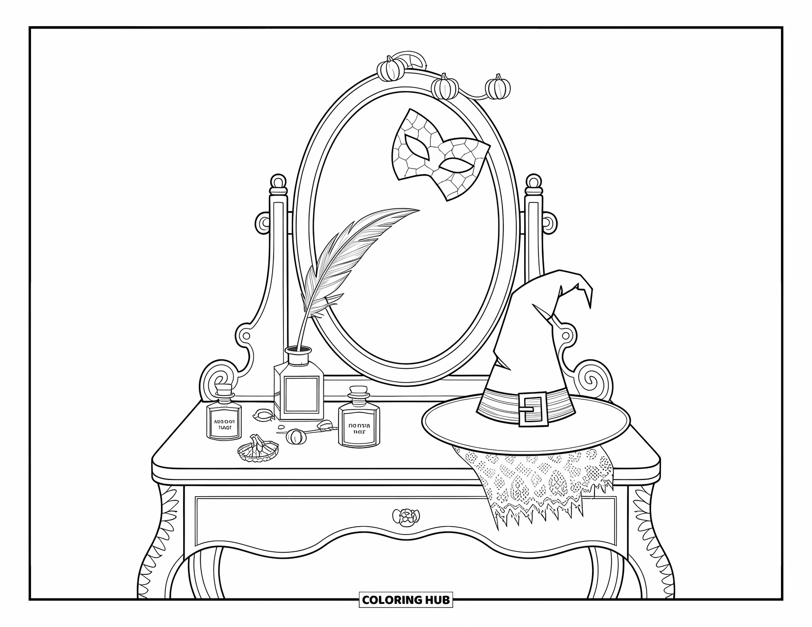Vintage Halloween Coloring Page for Adults: Vintage vanity with cozy Halloween items and a witch hat resting on a cushion