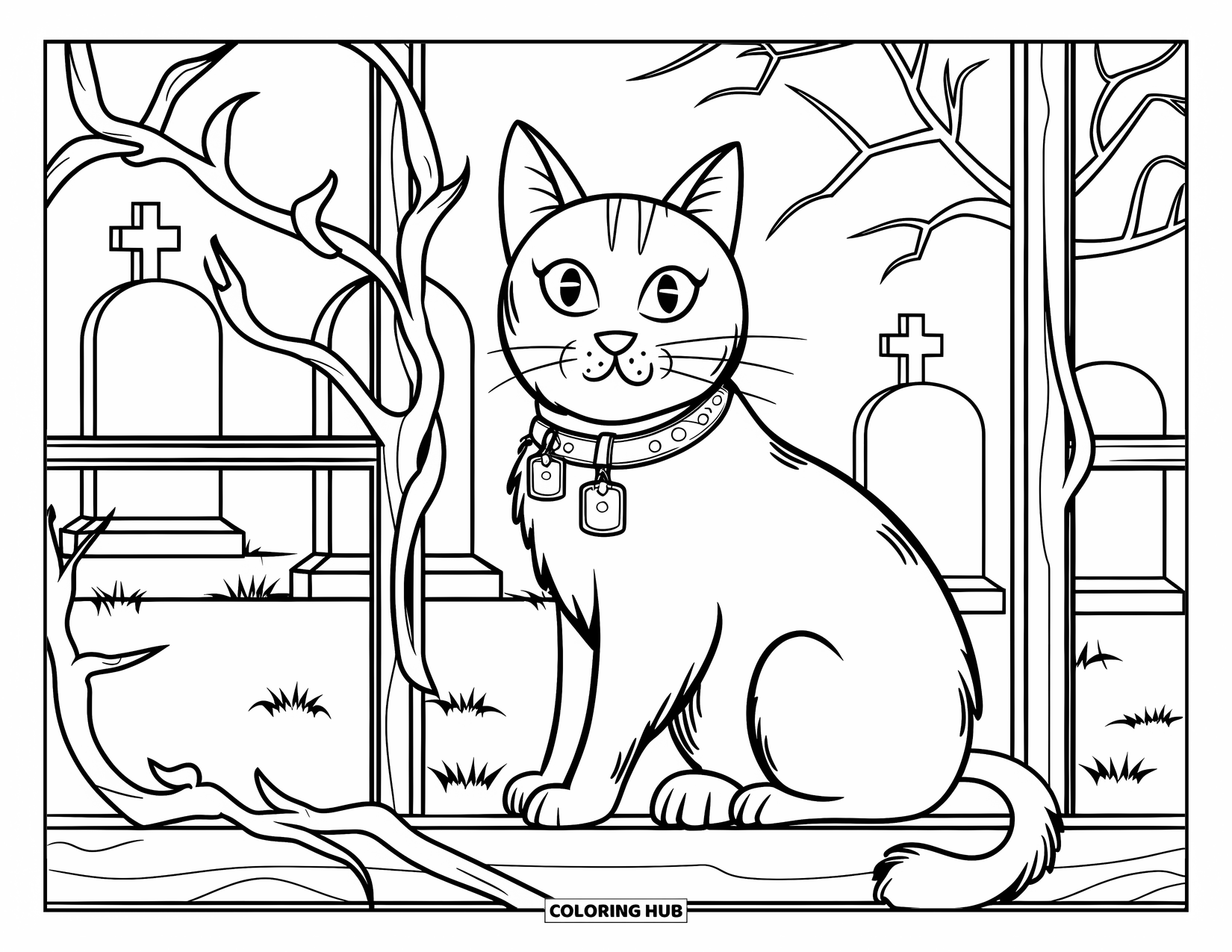 Vintage Halloween Coloring Page for Kids: Black cat with collar sits by a window near a spooky graveyard