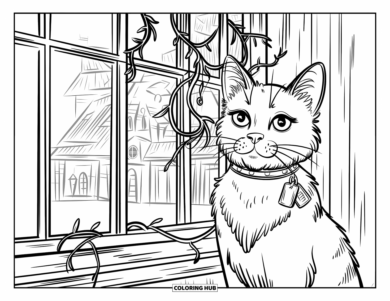 Vintage Halloween Coloring Page for Kids: Black cat with tags sits near vines outside a haunted mansion